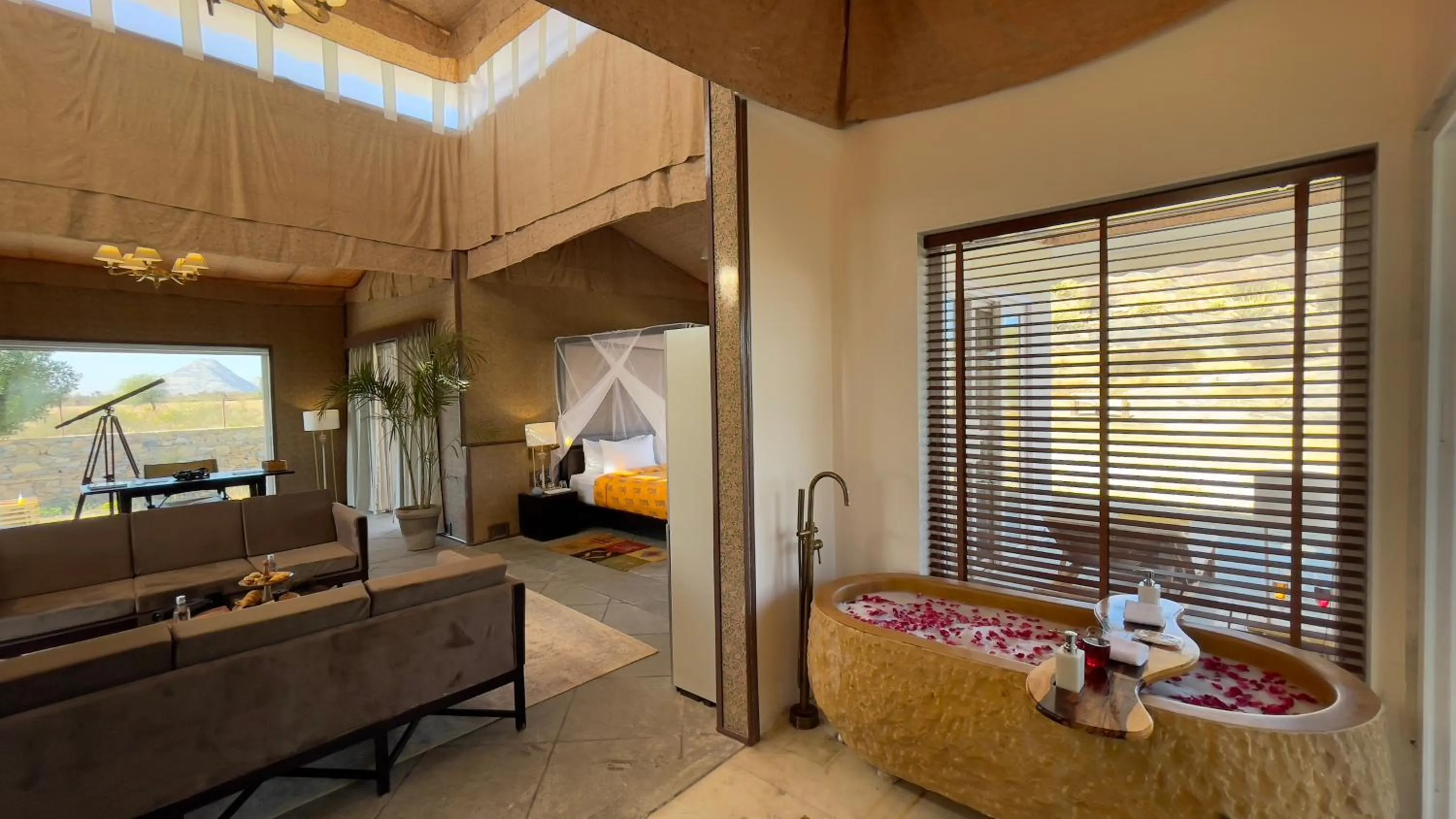 Living room, Bed in Brij Pola, Jawai - Luxury Jungle Camp with Private Pools