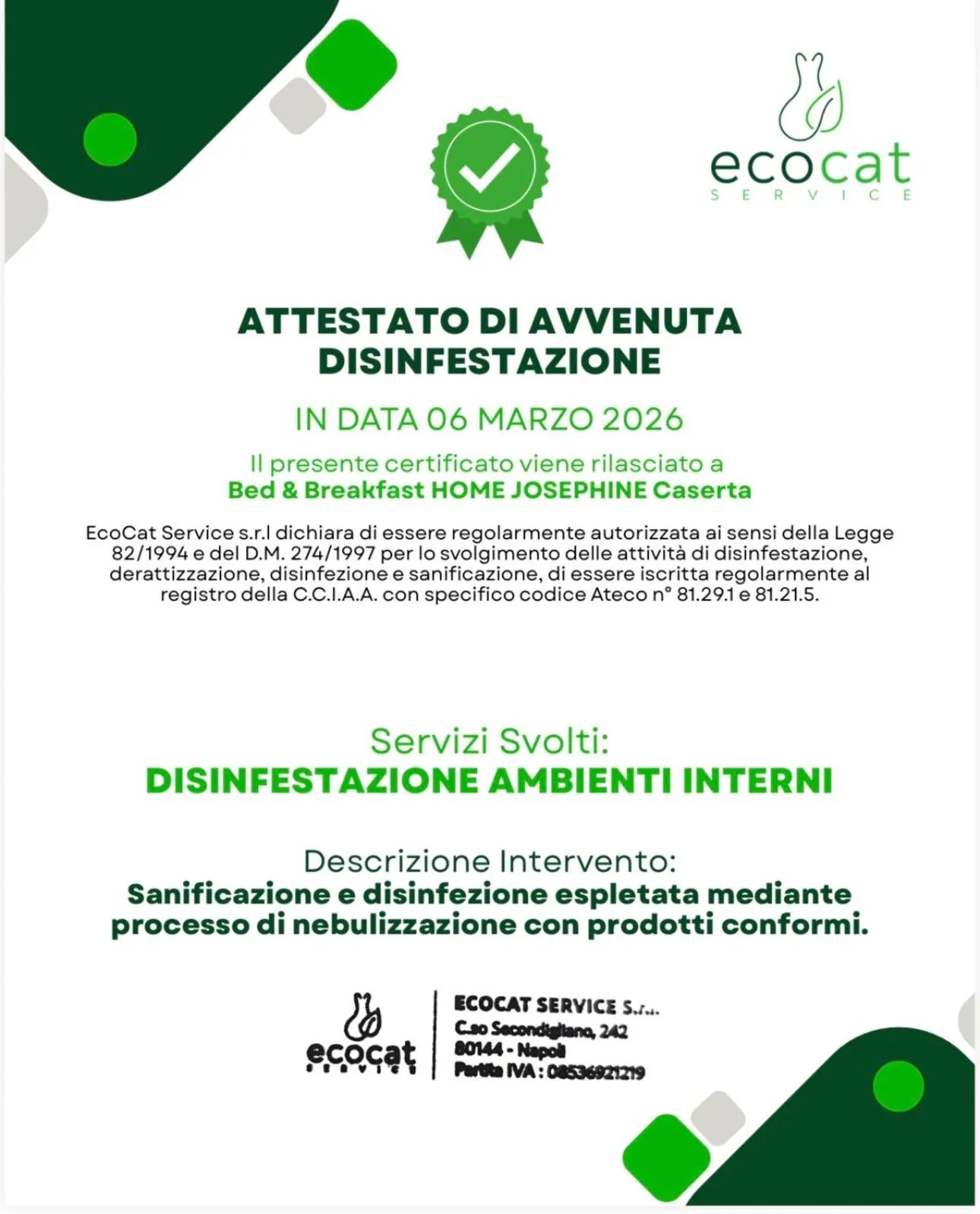 Certificate/Award in Home Joséphine - CASERTA