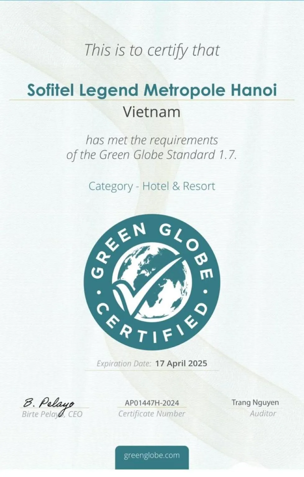 Certificate/Award in Sofitel Legend Metropole Hanoi
