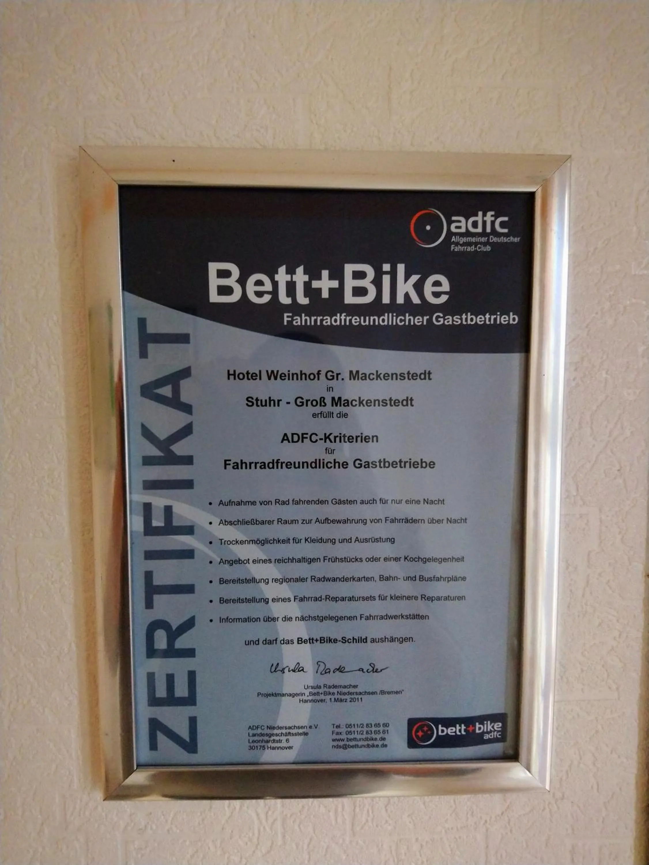 Certificate/Award in Hotel Weinhof Groß Mackenstedt