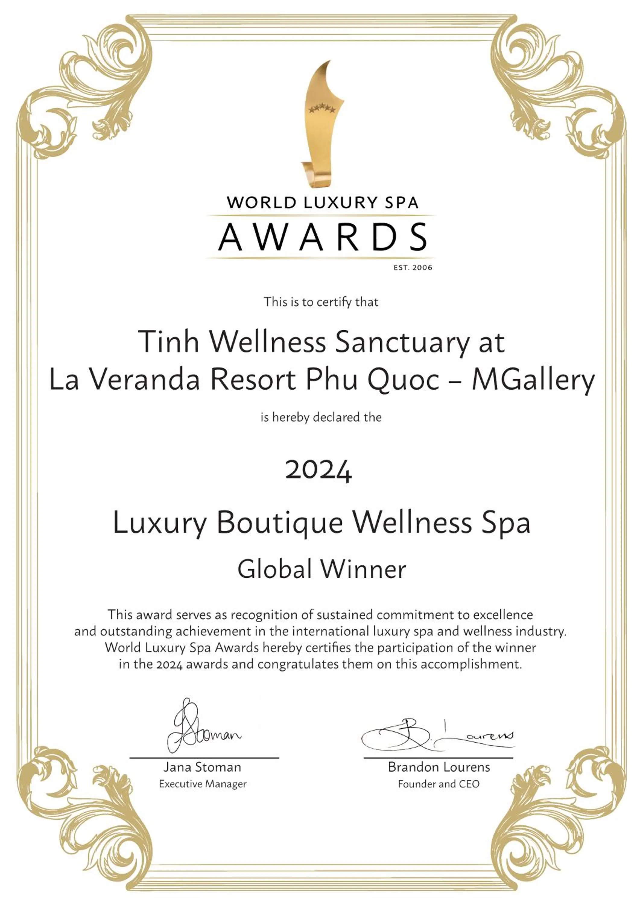 Certificate/Award in La Veranda Resort Phu Quoc - MGallery