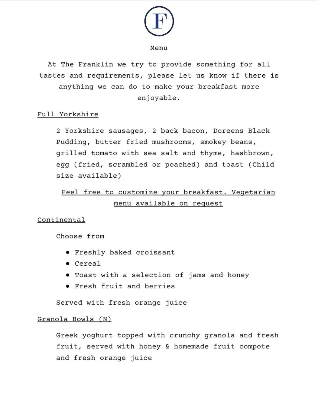 Meals in The Franklin