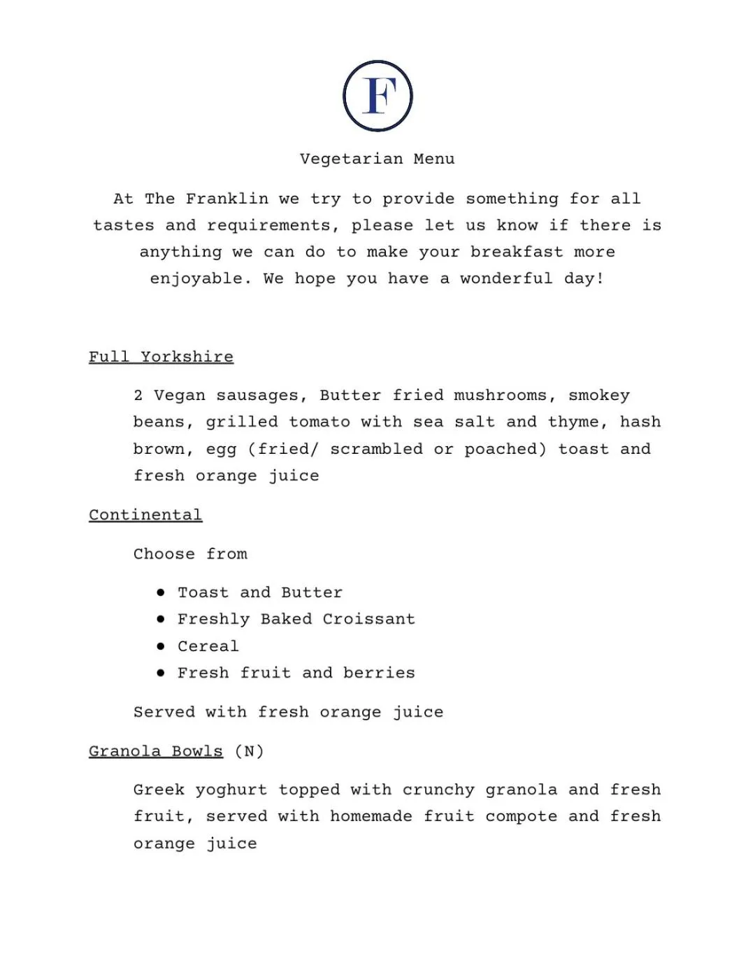 Meals in The Franklin