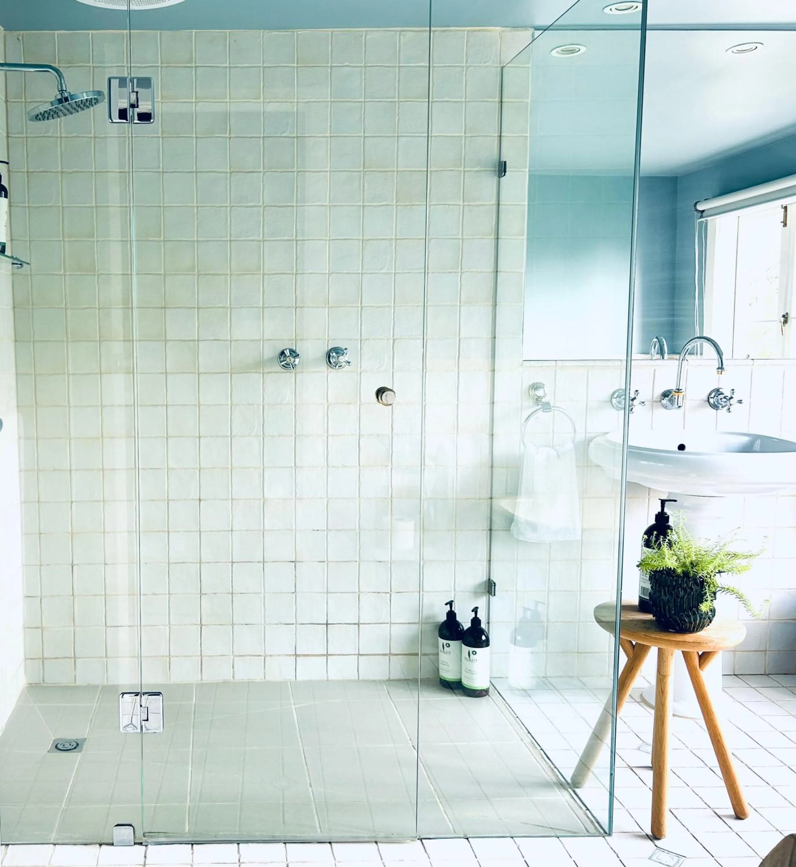 Shower in Secluded Villa with Lush Gardens, Spa and Fireplace
