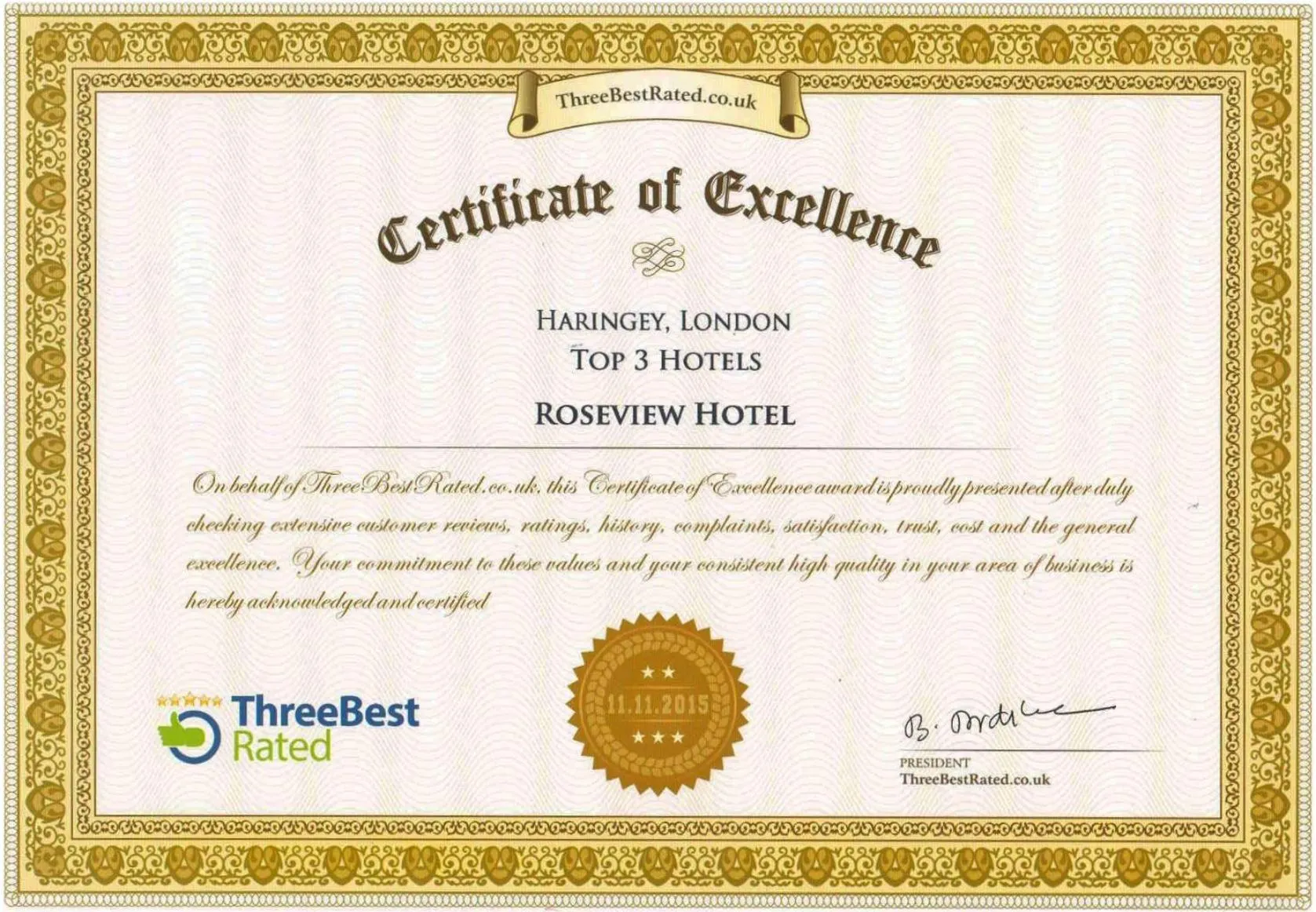 Certificate/Award in Roseview Alexandra Palace Hotel
