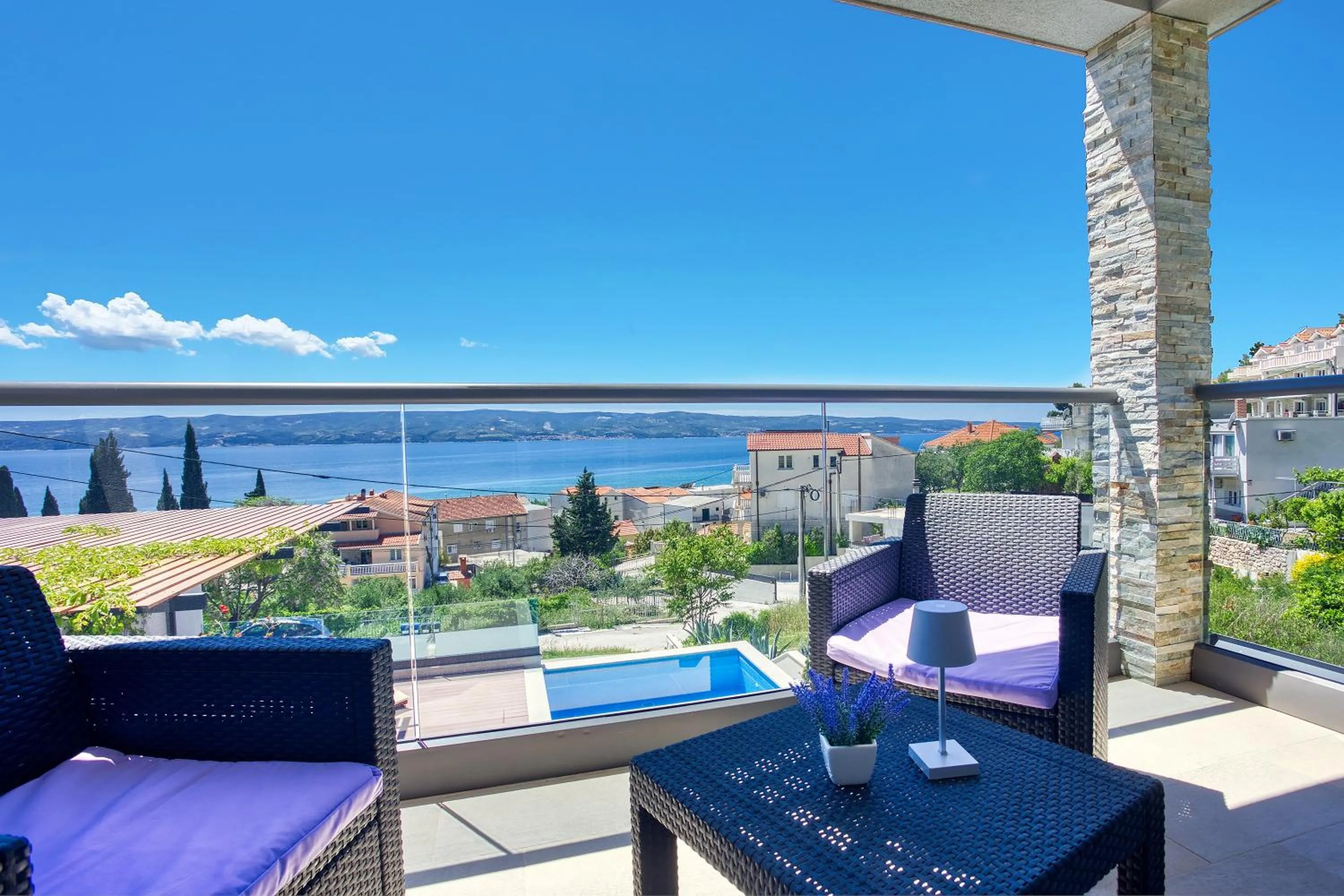 Balcony/Terrace in LUXURY VILLA PARADISE 120m from sandy beach, heated pool, billiard, max 12 pax