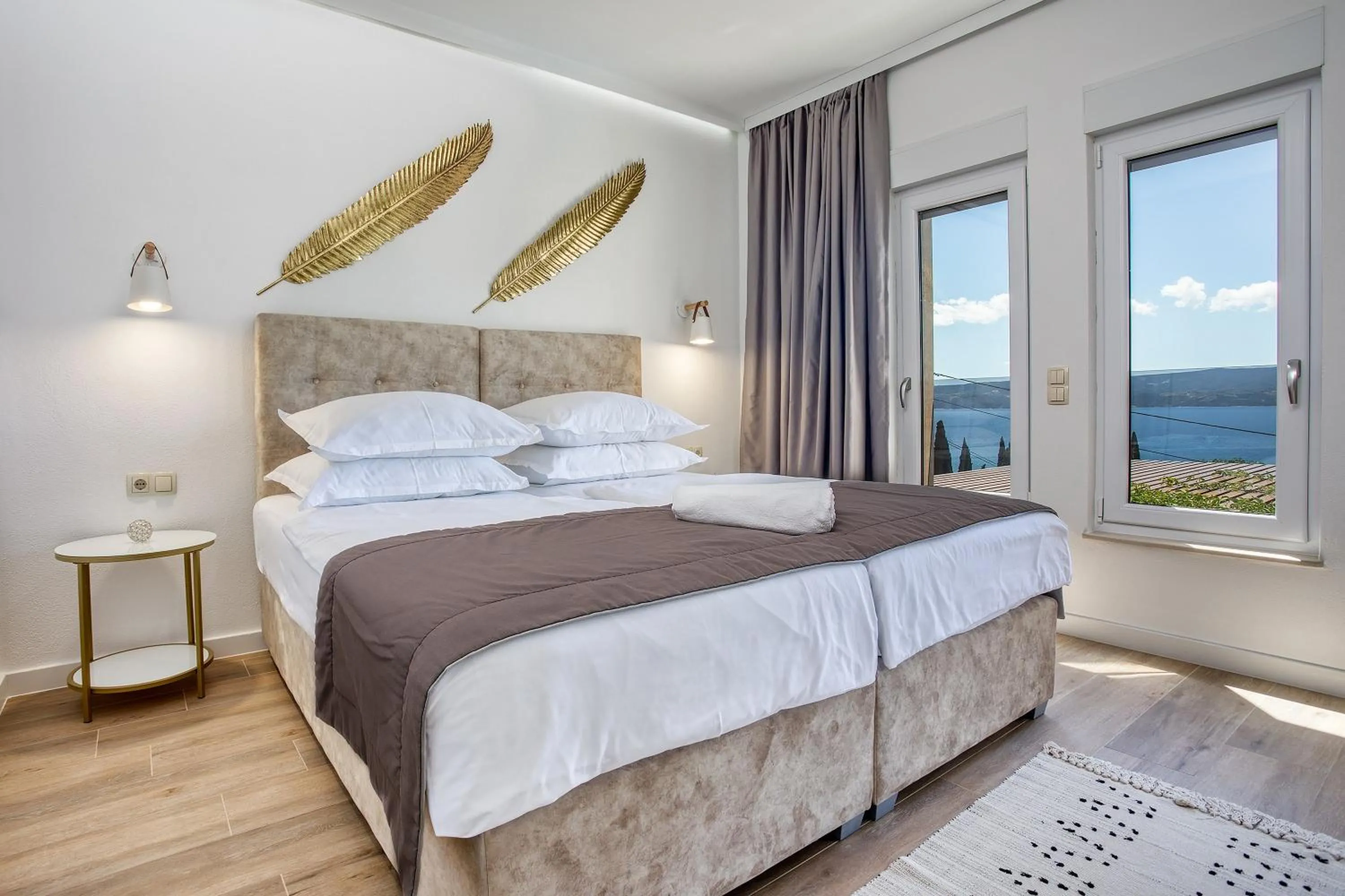 Balcony/Terrace, Bed in LUXURY VILLA PARADISE 120m from sandy beach, heated pool, billiard, max 12 pax
