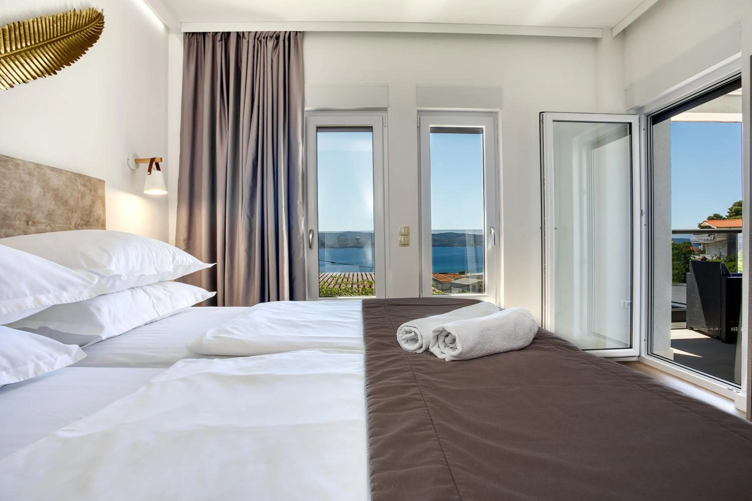 Balcony/Terrace, Bed in LUXURY VILLA PARADISE 120m from sandy beach, heated pool, billiard, max 12 pax