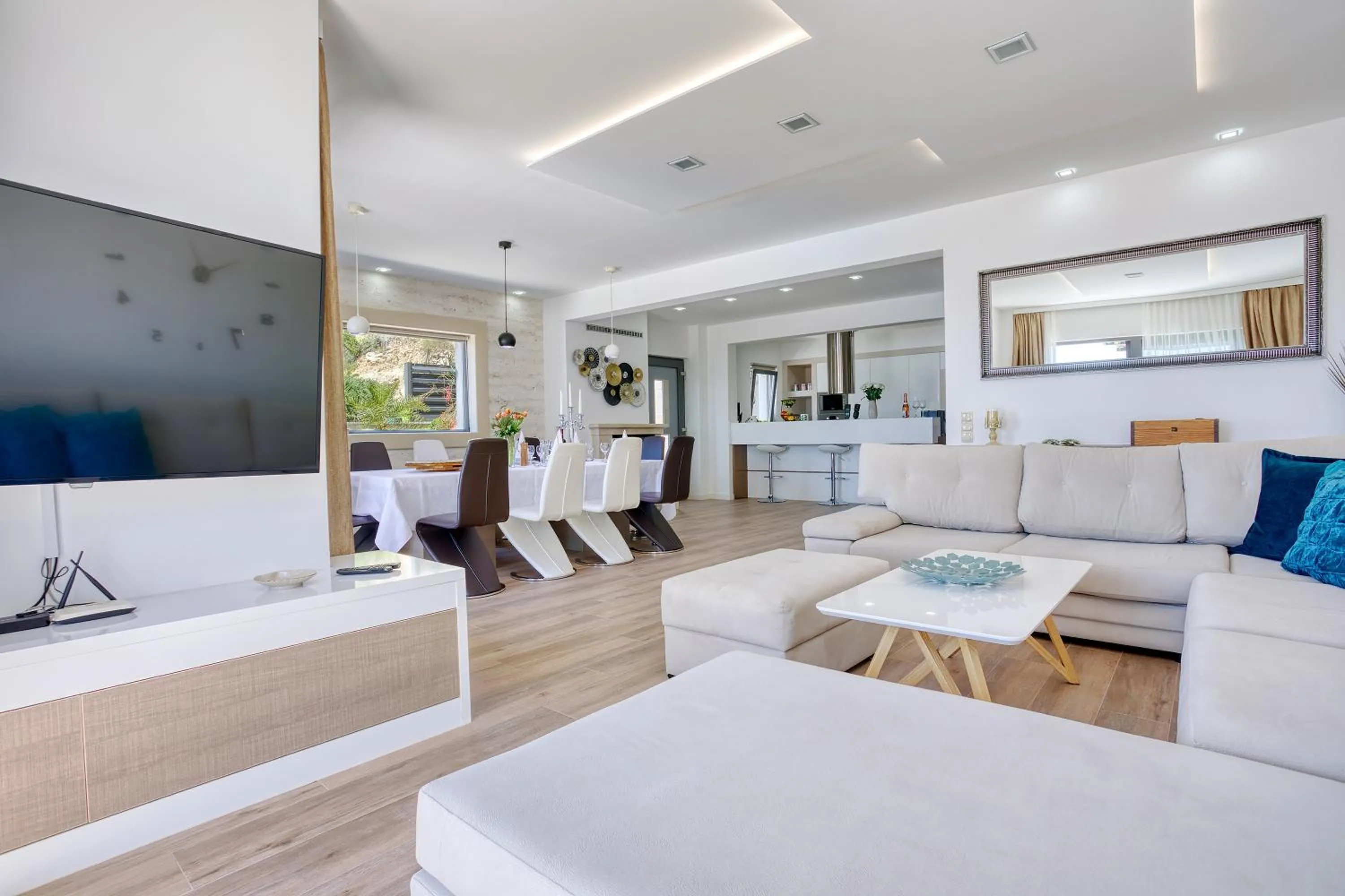 Kitchen or kitchenette, Bed in LUXURY VILLA PARADISE 120m from sandy beach, heated pool, billiard, max 12 pax