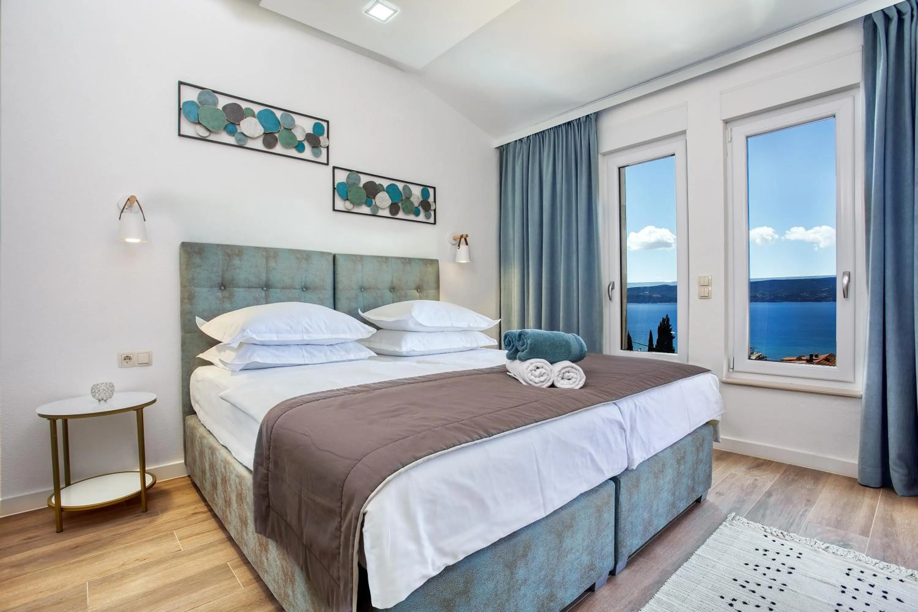Balcony/Terrace, Bed in LUXURY VILLA PARADISE 120m from sandy beach, heated pool, billiard, max 12 pax