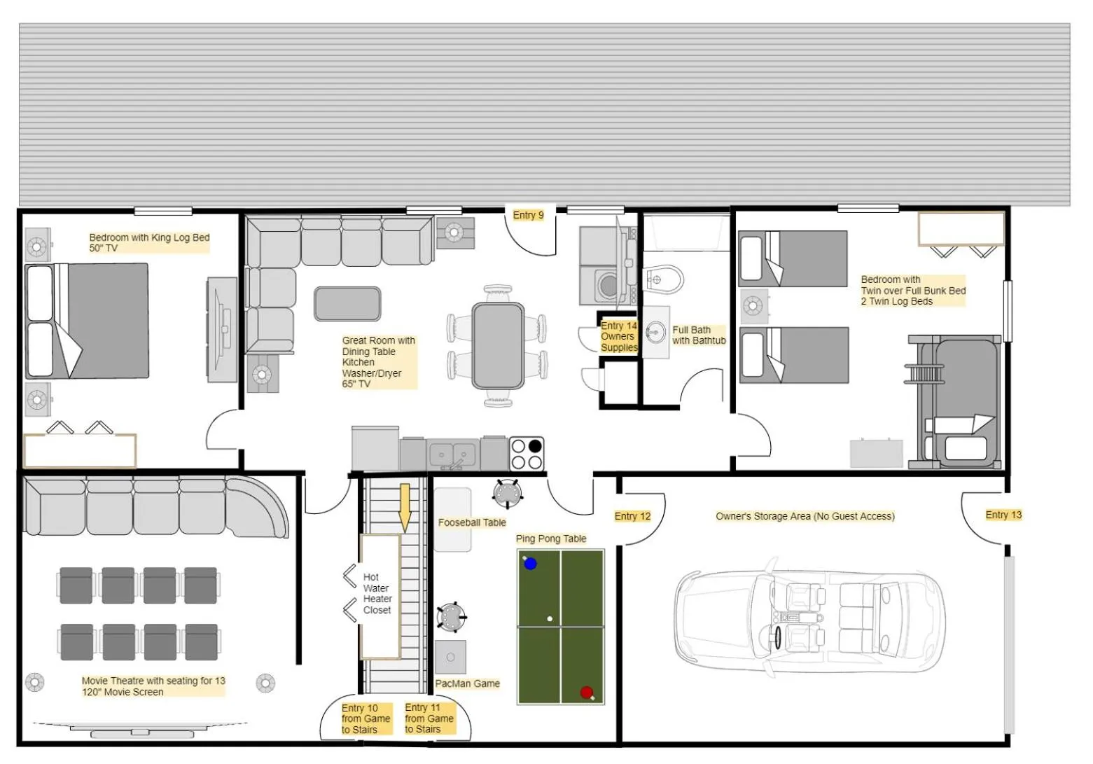 Floor plan in Rustic River Lodge by HoneyBearCabins 7BR 6BA sleeps 21