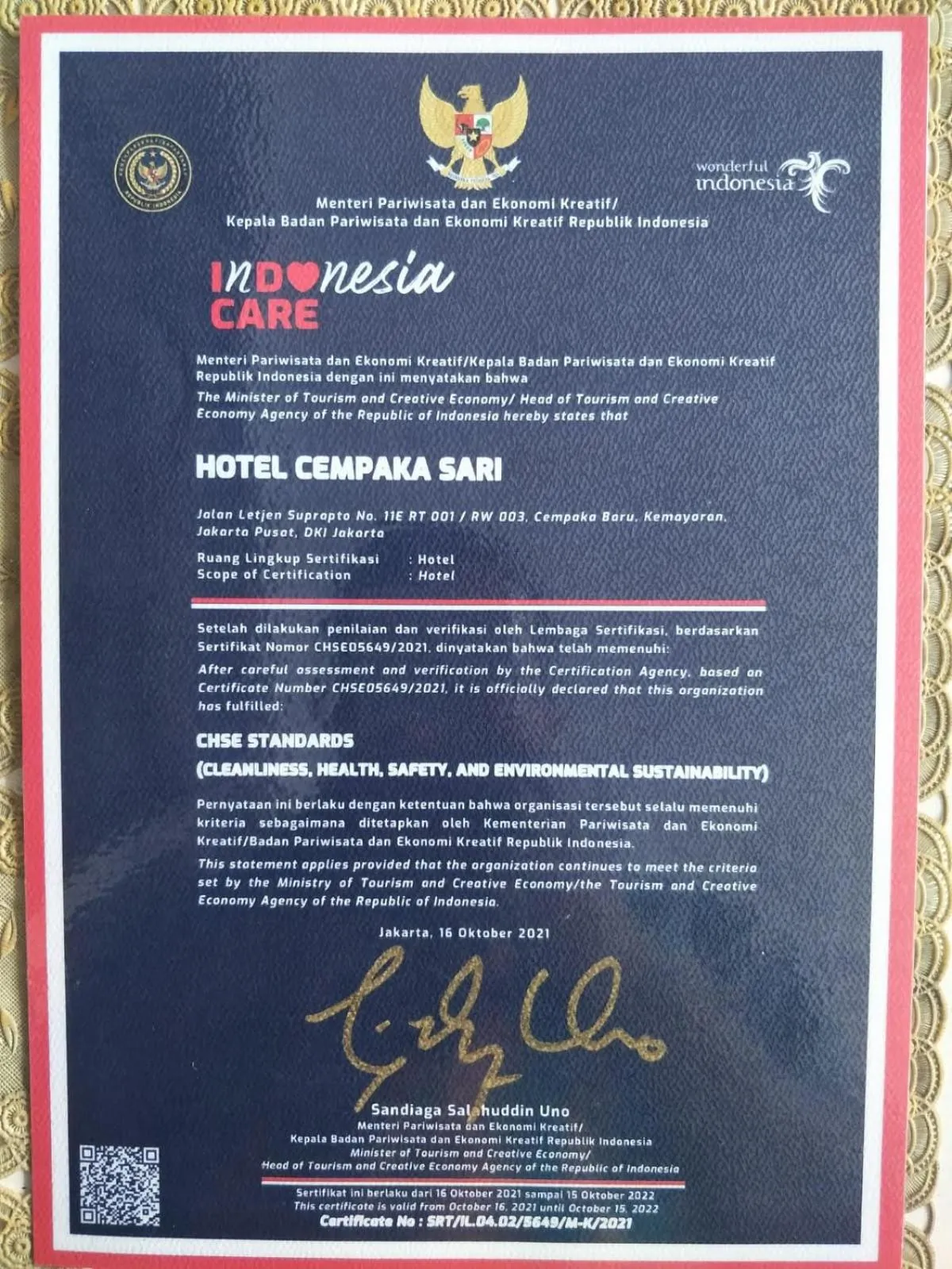 Certificate/Award in Hotel Cempaka Sari