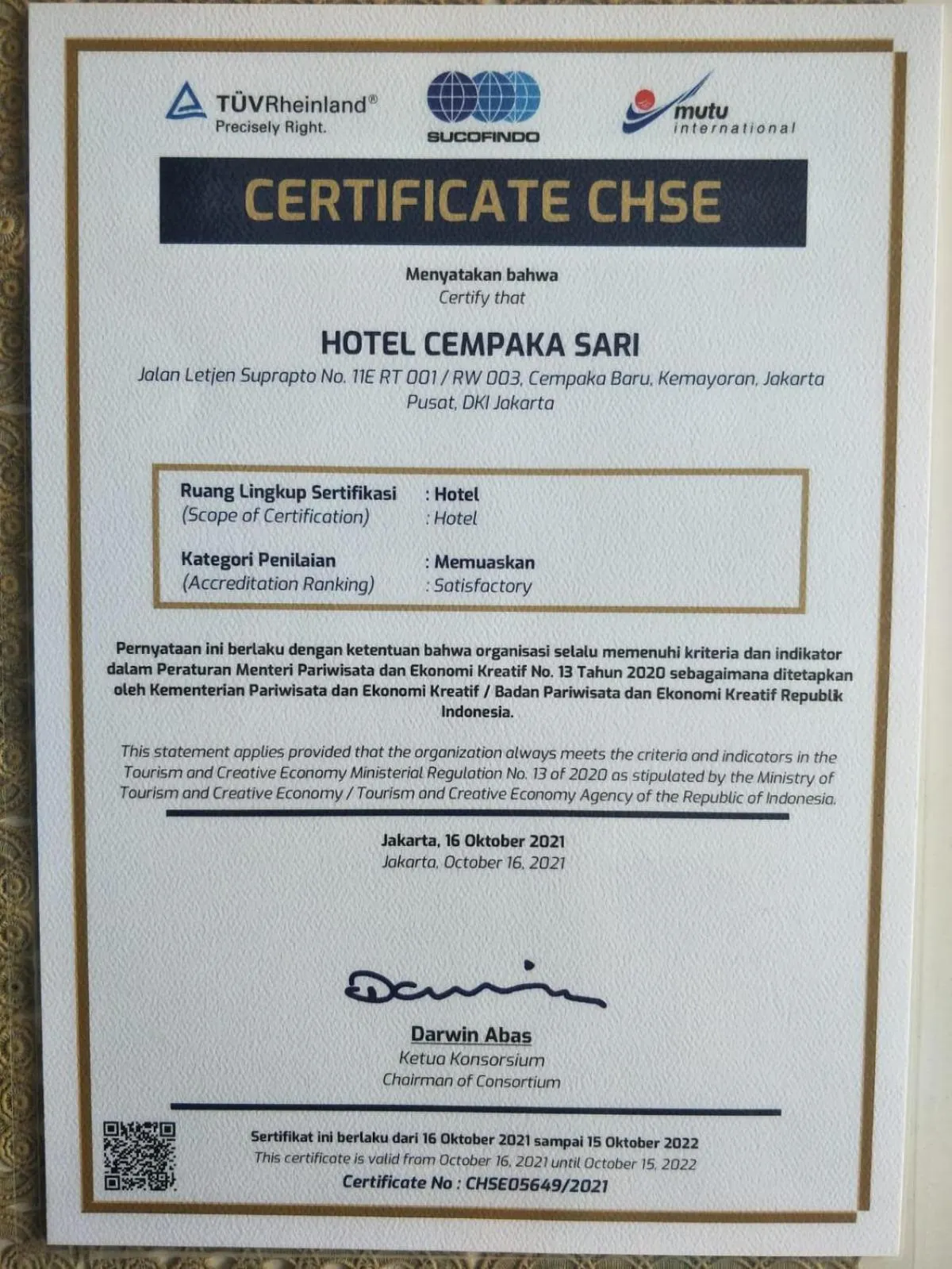 Certificate/Award in Hotel Cempaka Sari