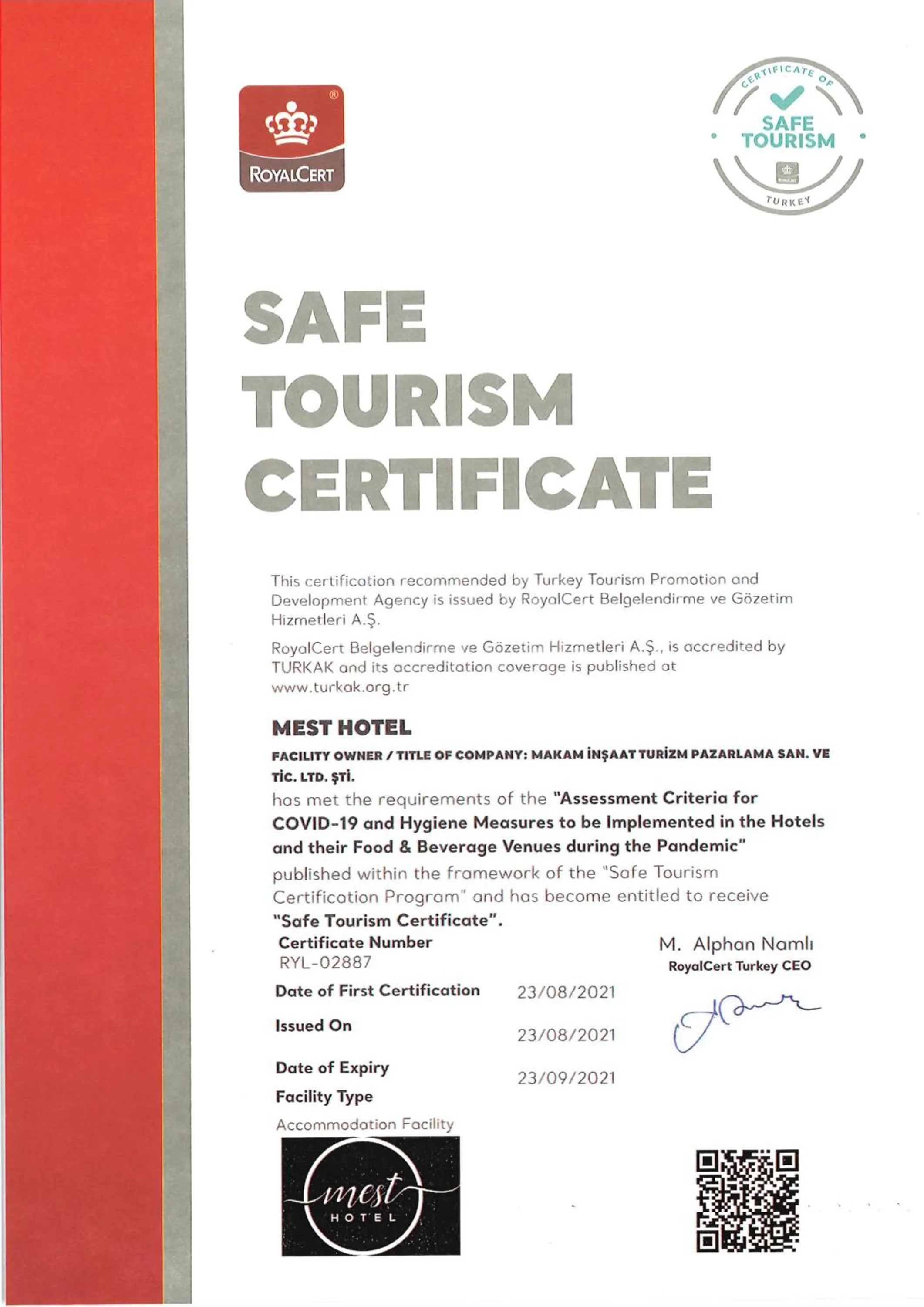 Certificate/Award in Mest Hotel Istanbul Sirkeci