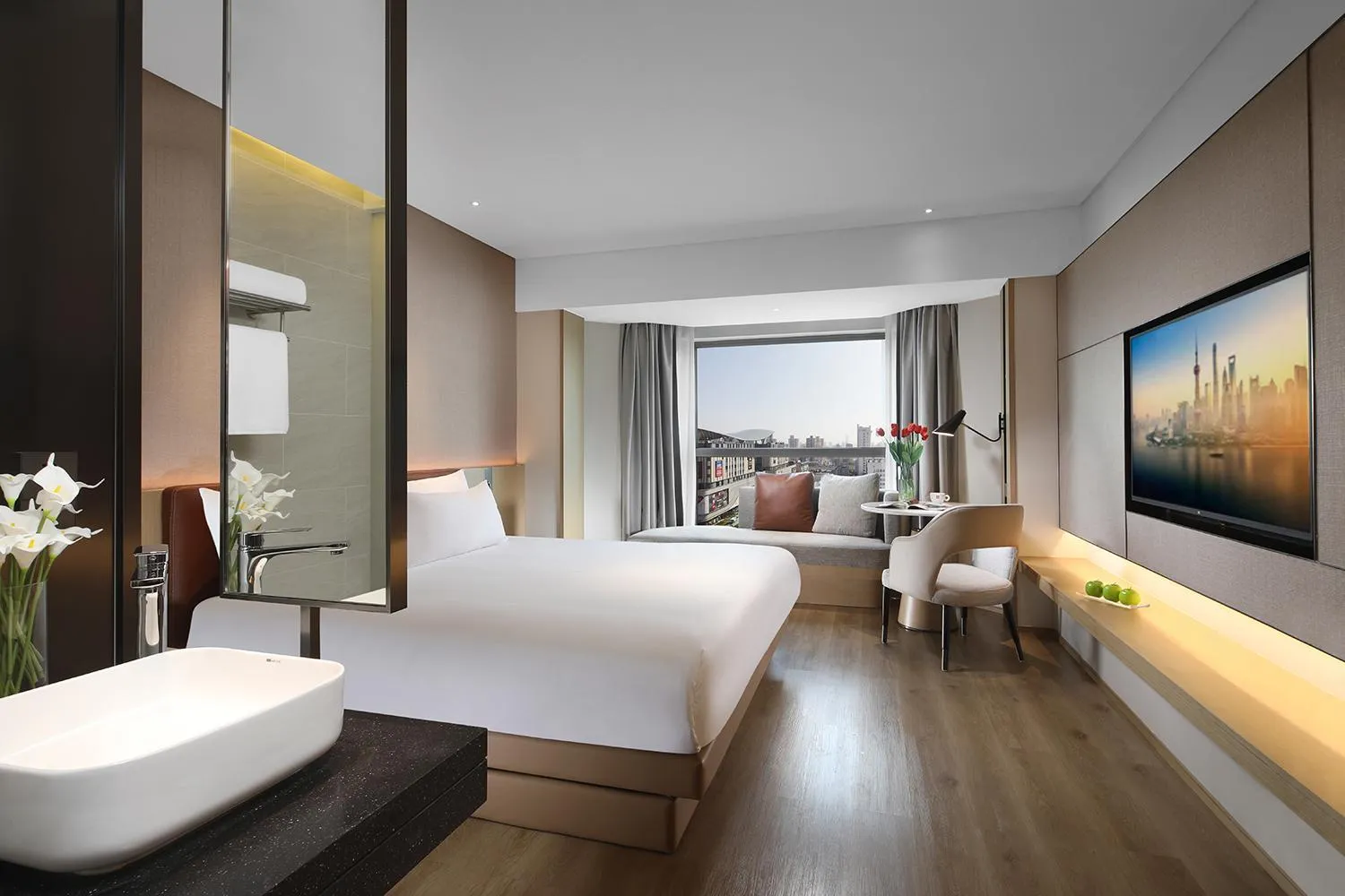Property building, Bed in Holiday Inn Shanghai Huaxia by IHG - overlooking city scenery at Sky View Restaurant