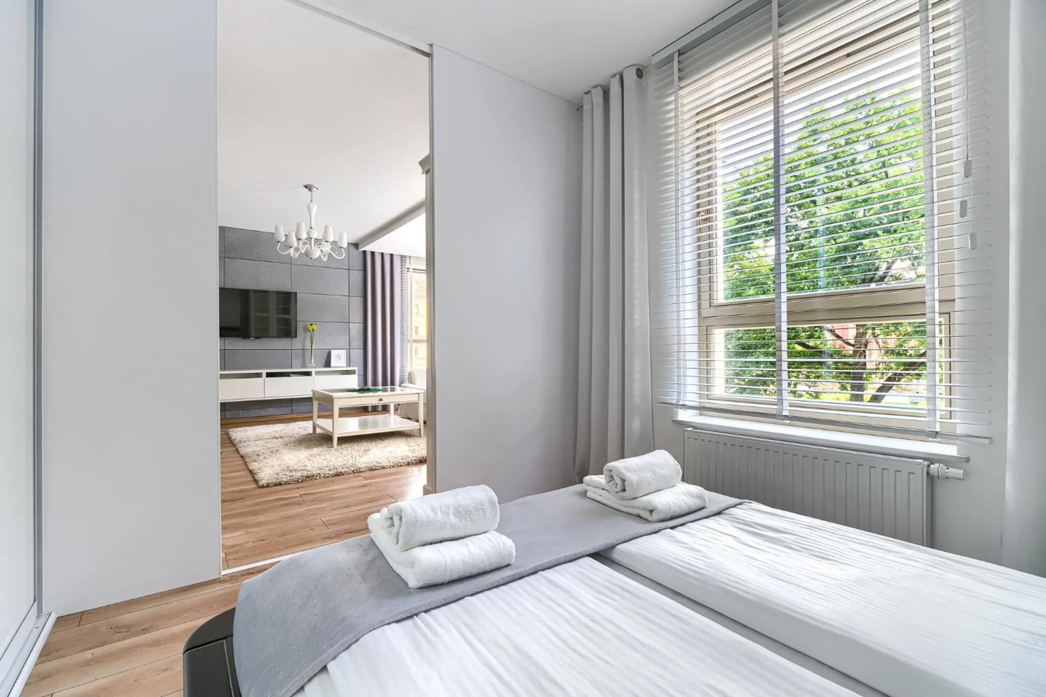 Living room, Bed in MARGI Eclipse Apartament COMFY AND BEAUTI