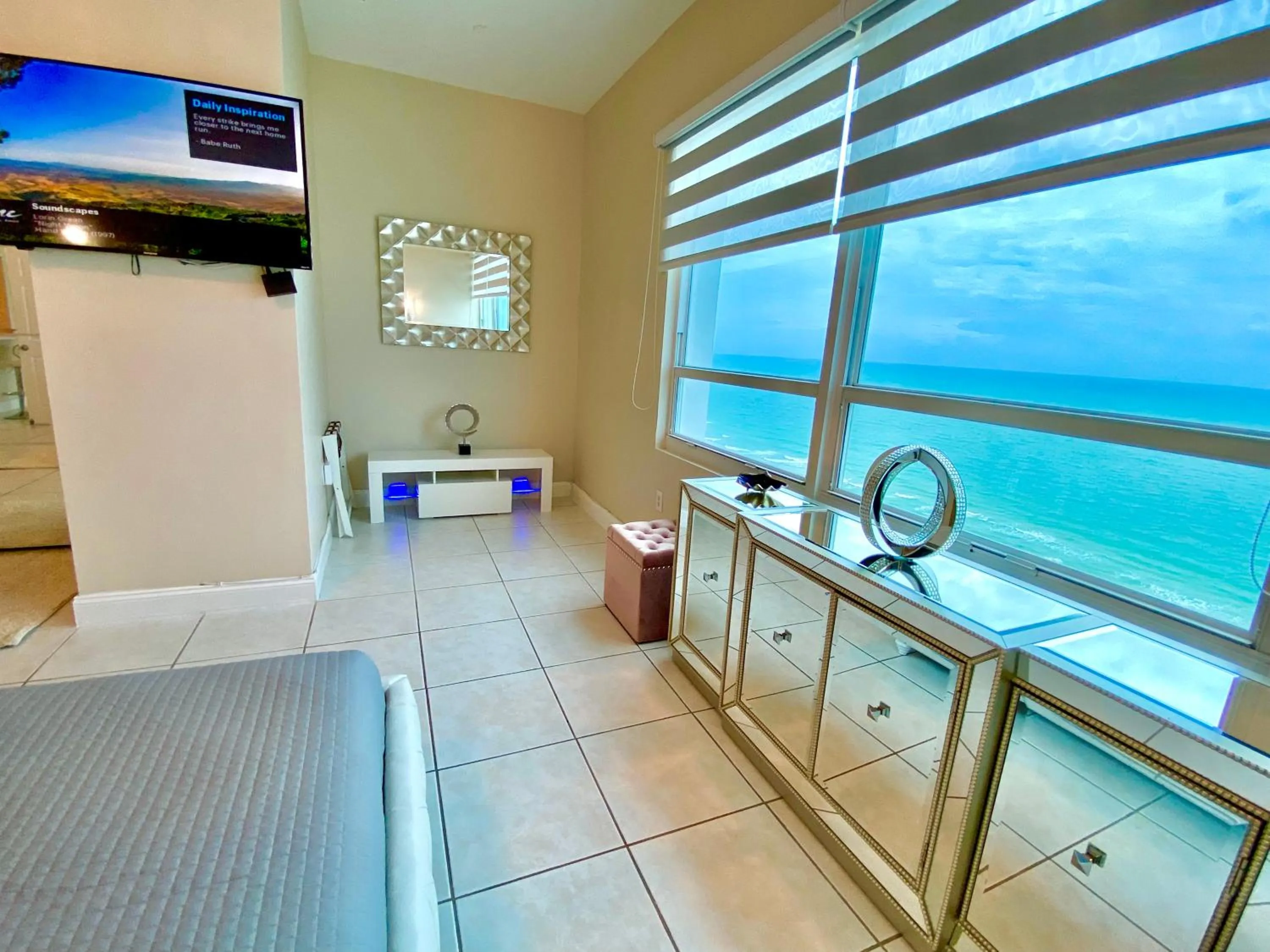 Seating area, Bed in Castle Beach Resort Condo - Panoramic Large Penthouse or Deluxe 1 BR Direct Ocean View and beach access- Updated-Free parking-