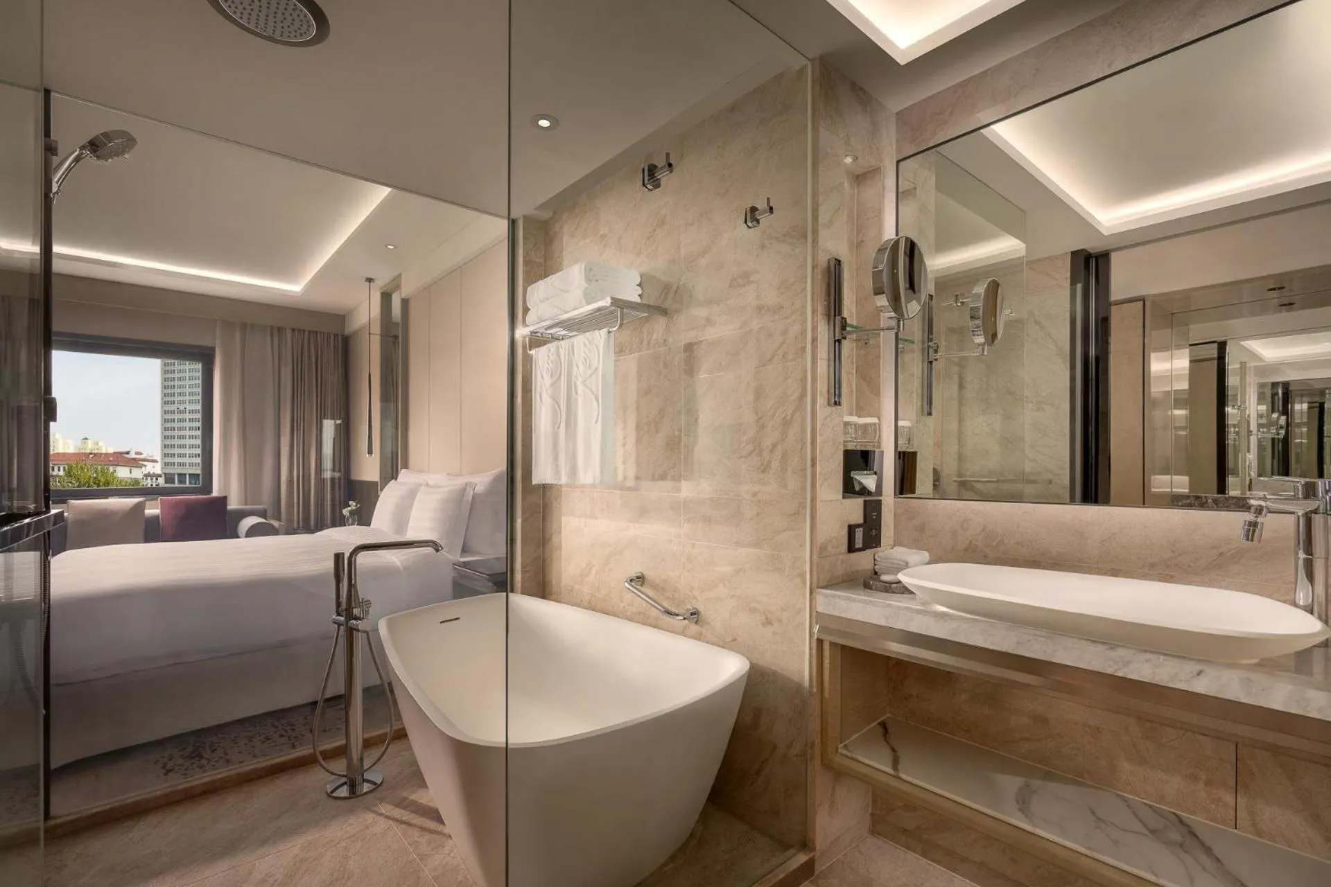 Bathroom, Bed in Kempinski Hotel Beijing Yansha Center