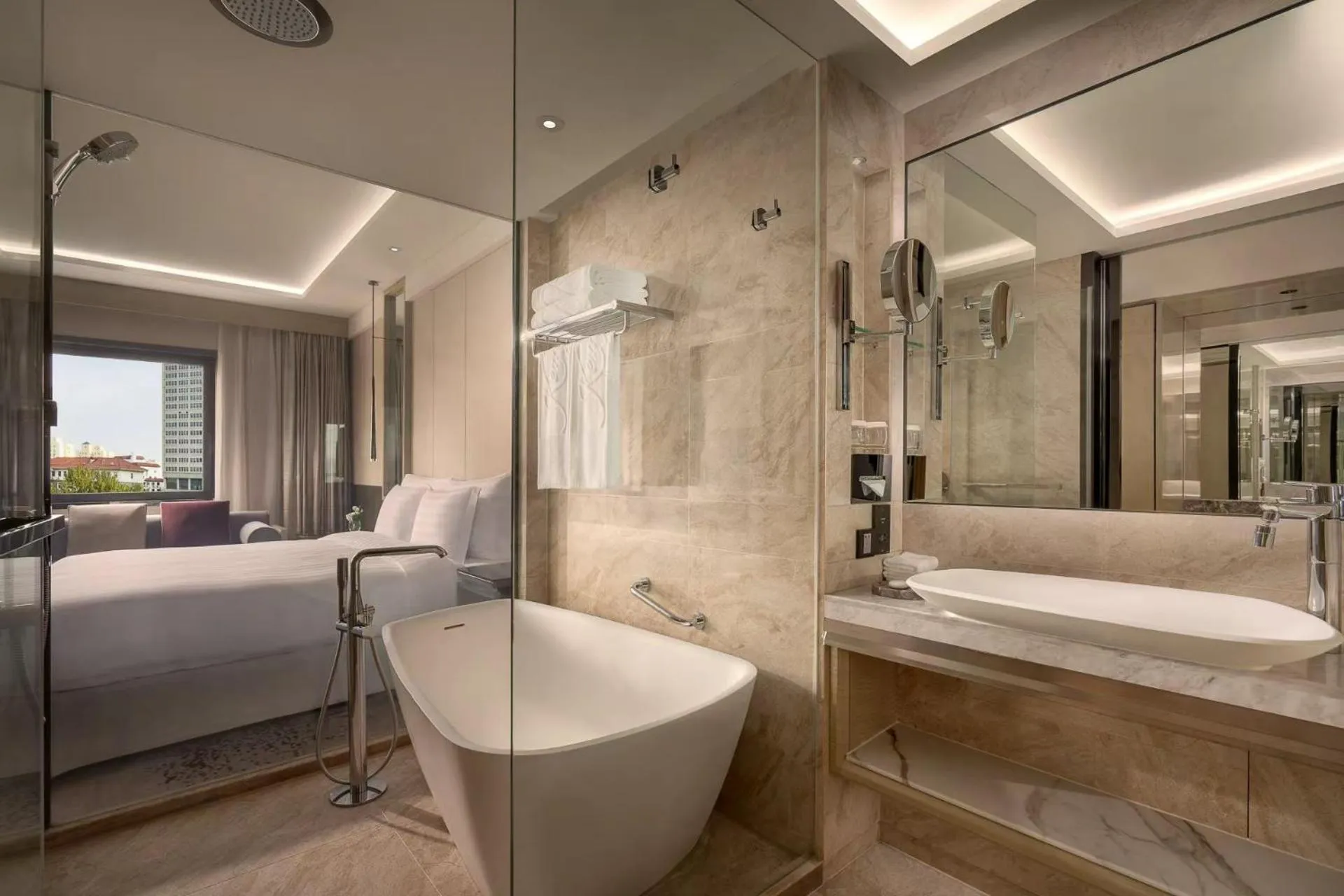 Bathroom, Bed in Kempinski Hotel Beijing Yansha Center