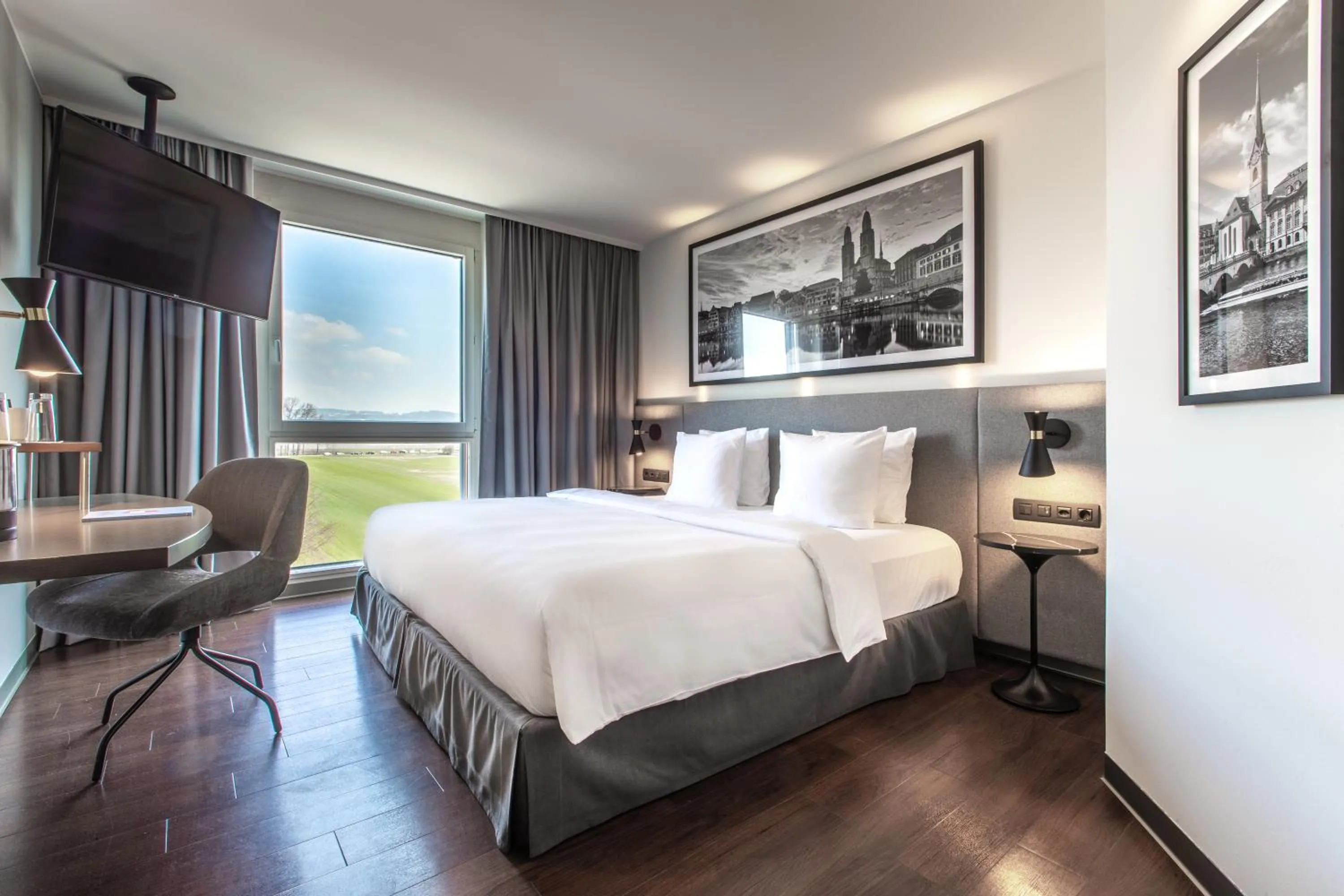 View (from property/room), Bed in Radisson Hotel Zurich Airport