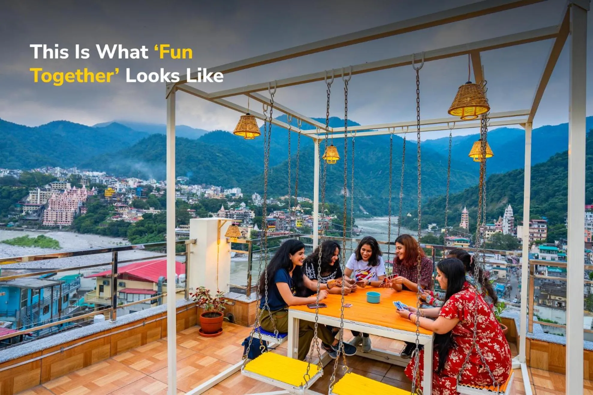 Seating area in goSTOPS Rishikesh, Lakshman Jhula