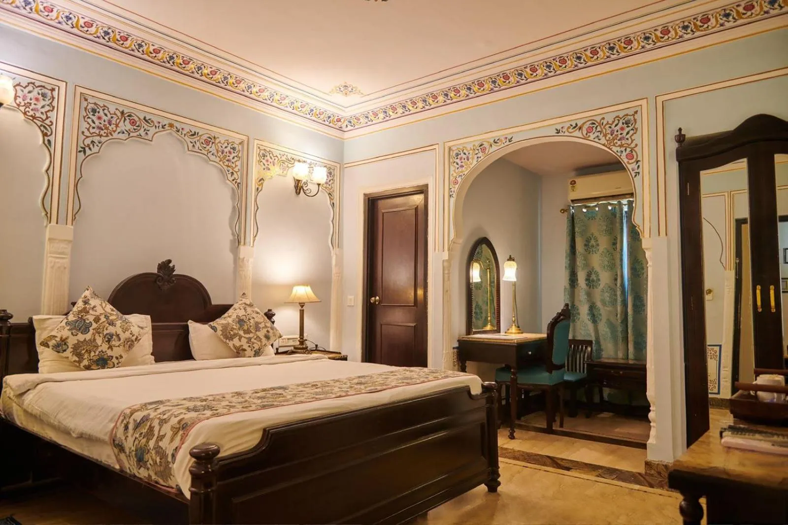 Quiet street view, Bed in WelcomHeritage Traditional Haveli