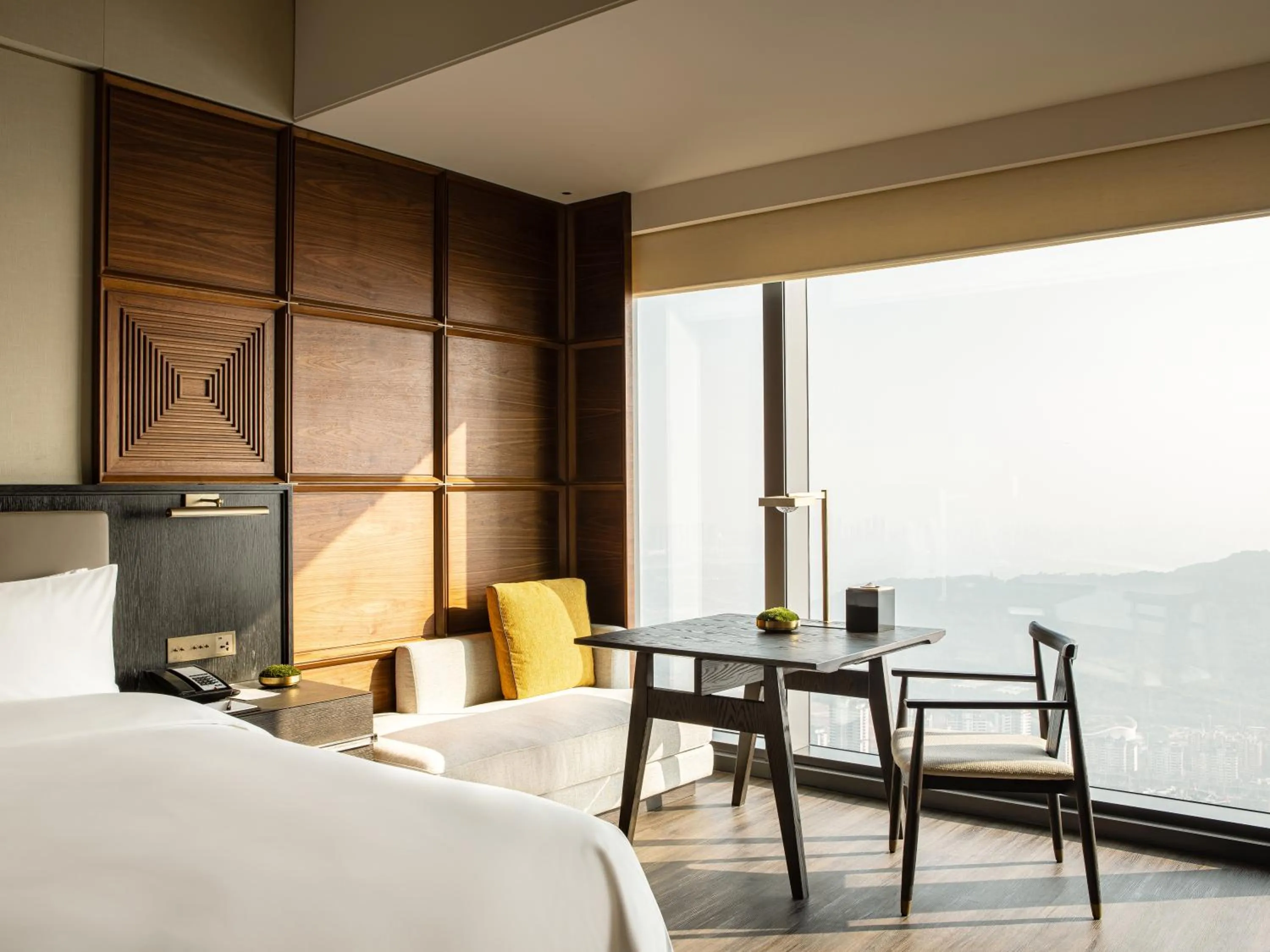 View (from property/room), Bed in Shangri-La Nanning - The tallest hotel worldwide in Shangri-La Group