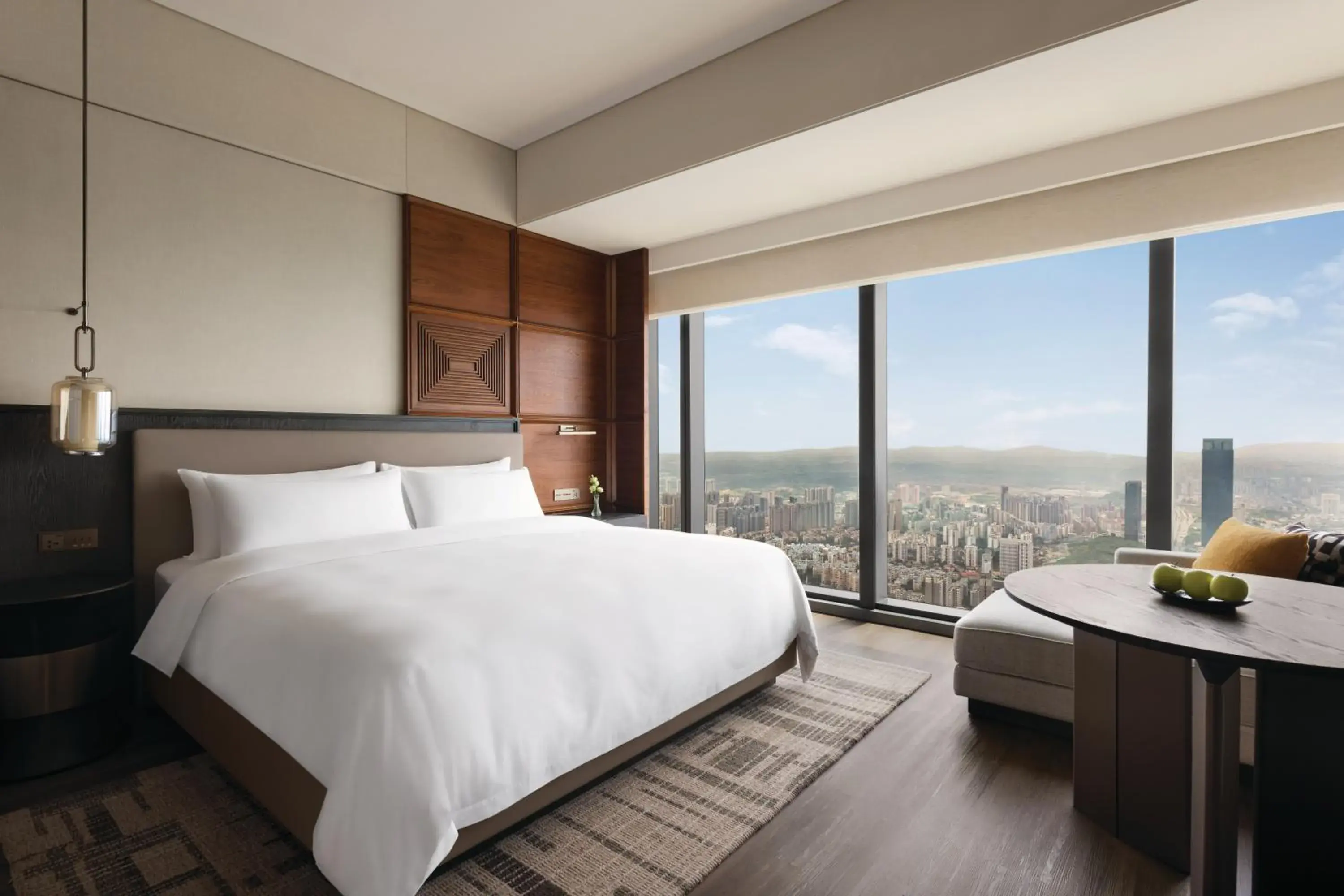 View (from property/room), Bed in Shangri-La Nanning - The tallest hotel worldwide in Shangri-La Group View (from property/room), Bed in Shangri-La Nanning - The tallest hotel worldwide in Shangri-La Group