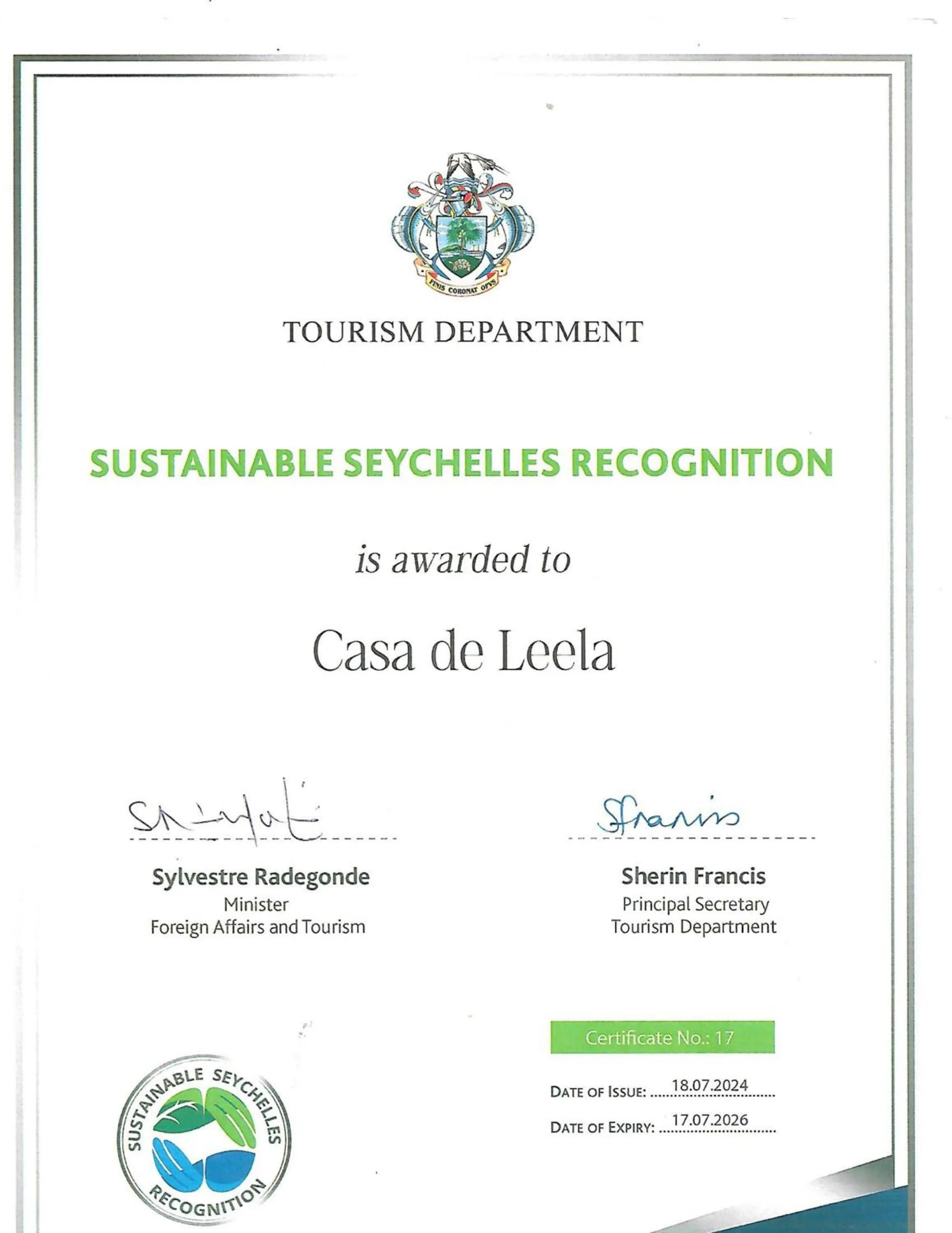 Certificate/Award in Casa De Leela Self Catering Guest House