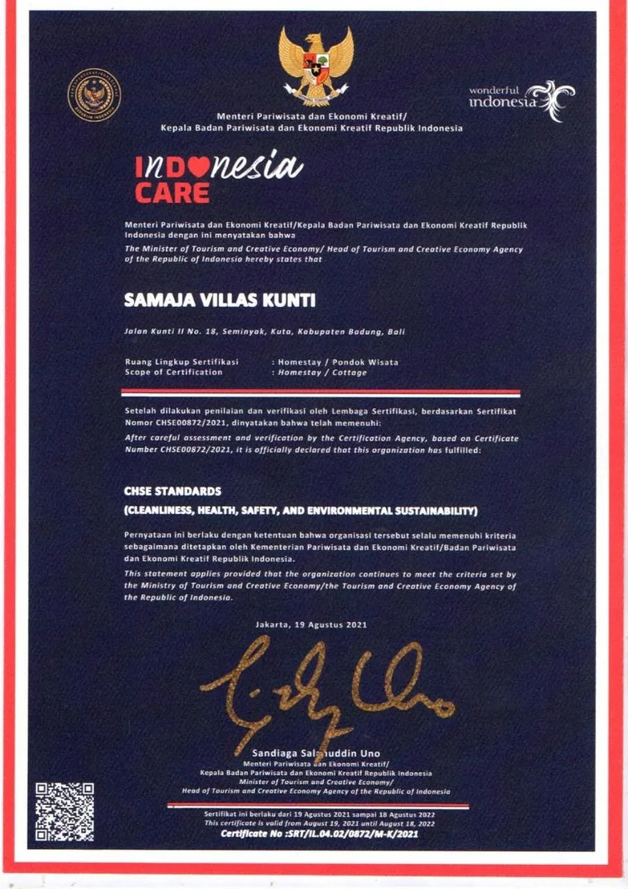 Certificate/Award in Samaja Villas Seminyak