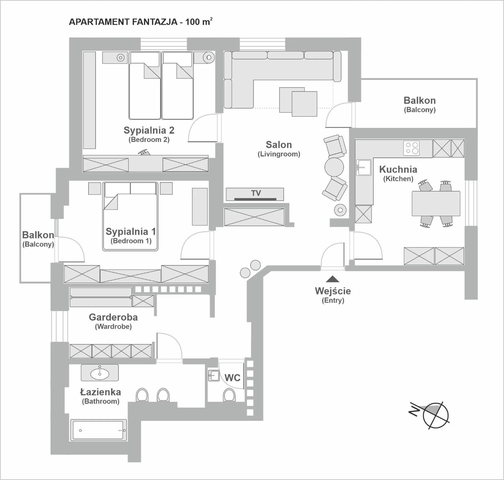 Floor plan in Sanhaus Apartments - FANTAZJA - Apartament z dwoma balkonami - 100 m2