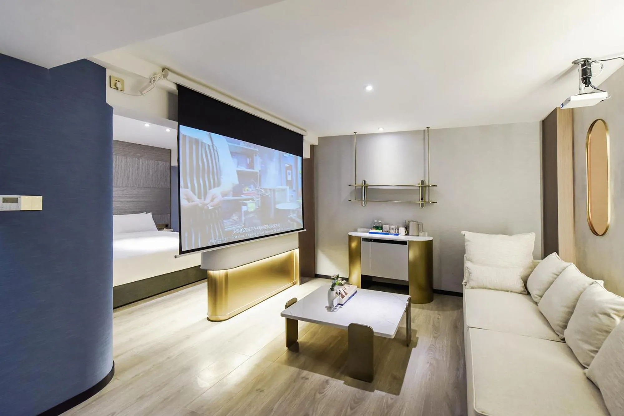 Living room, Bed in Kuanrong Suites Hotel Liangjiang love sea shopping park