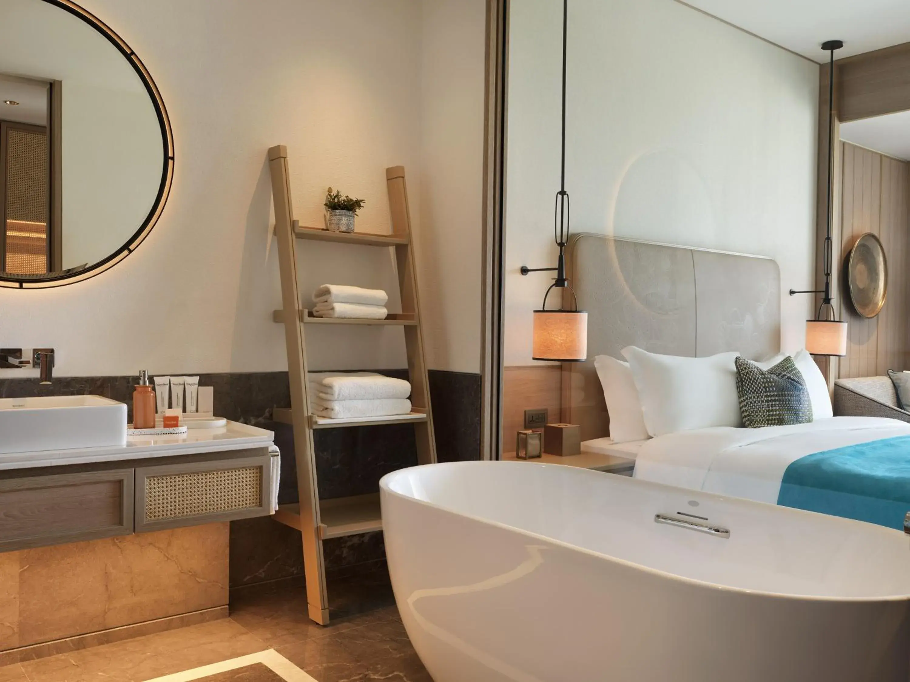 Bath, Bed in City of Dreams Mediterranean - Integrated Resort, Casino & Entertainment Bath, Bed in City of Dreams Mediterranean - Integrated Resort, Casino & Entertainment