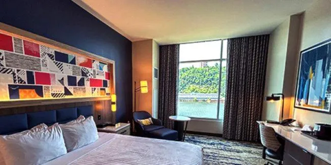 Bed in The Landing Hotel at Rivers Casino Pittsburgh