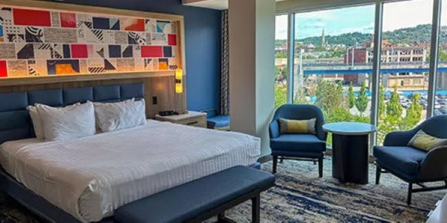 Bed in The Landing Hotel at Rivers Casino Pittsburgh