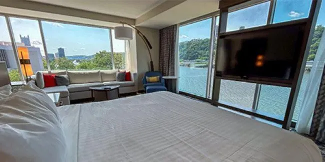 Bed in The Landing Hotel at Rivers Casino Pittsburgh