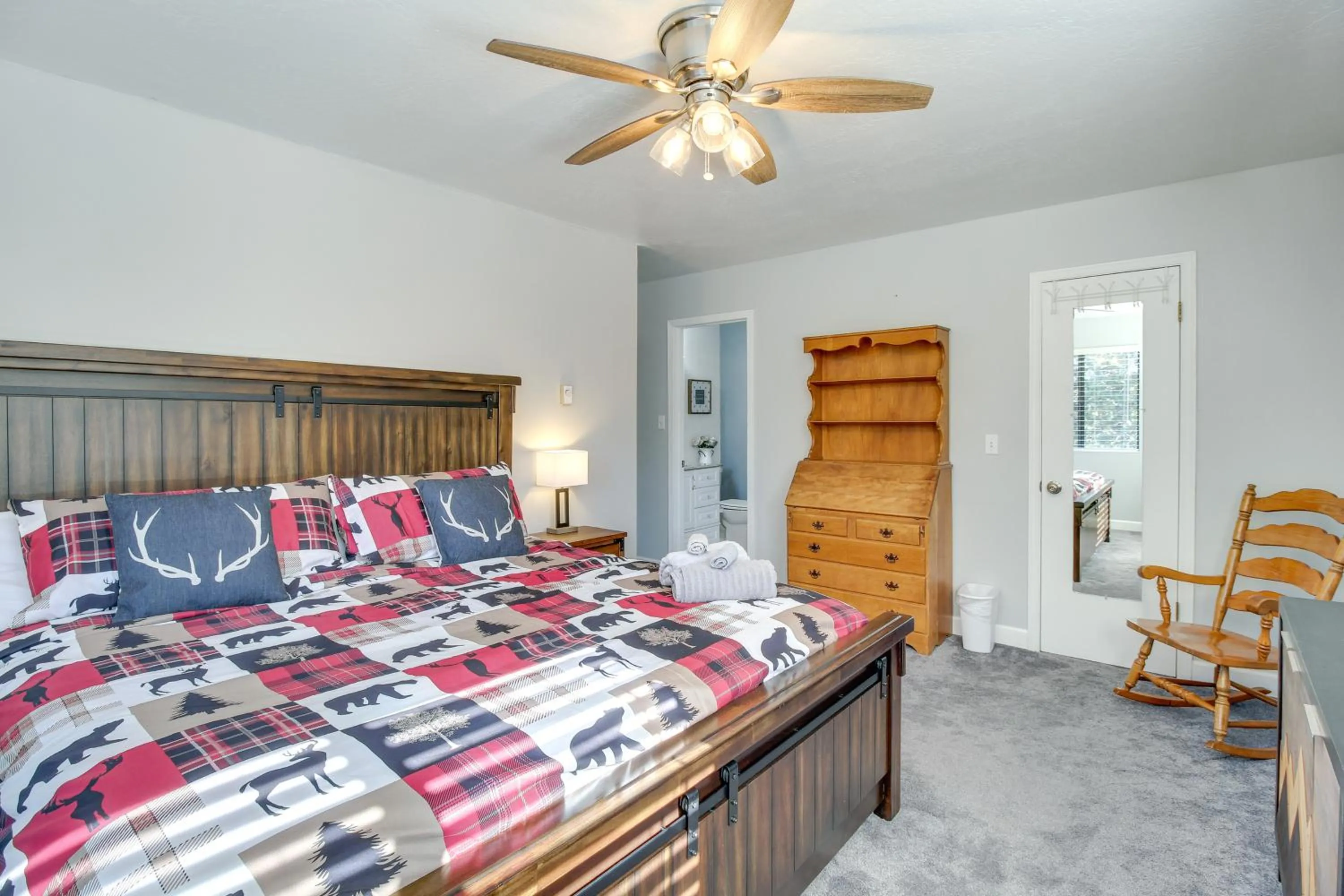 Bed in Eagar Vacation Rental Home with Spacious Deck!