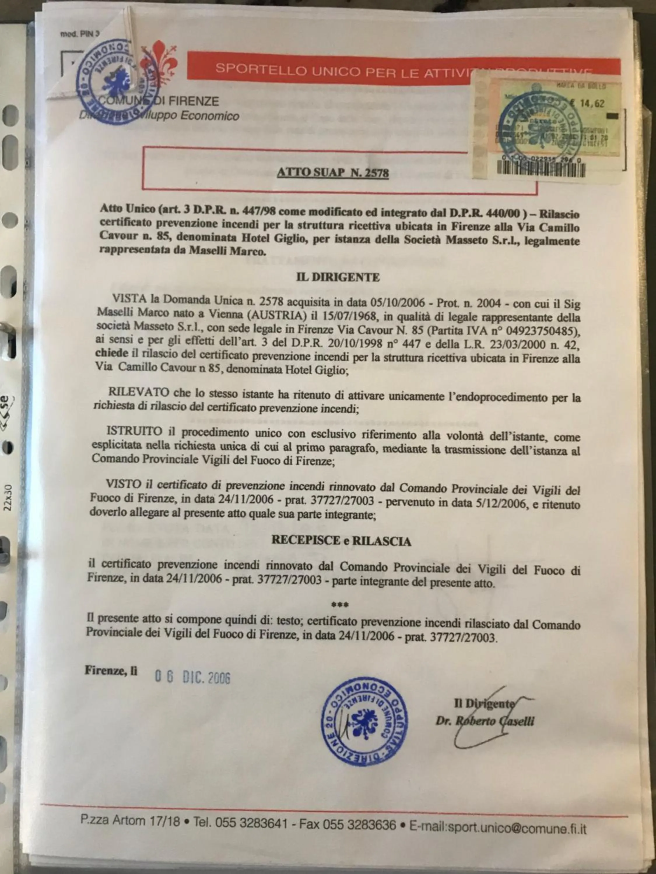 Certificate/Award in Hotel Giglio