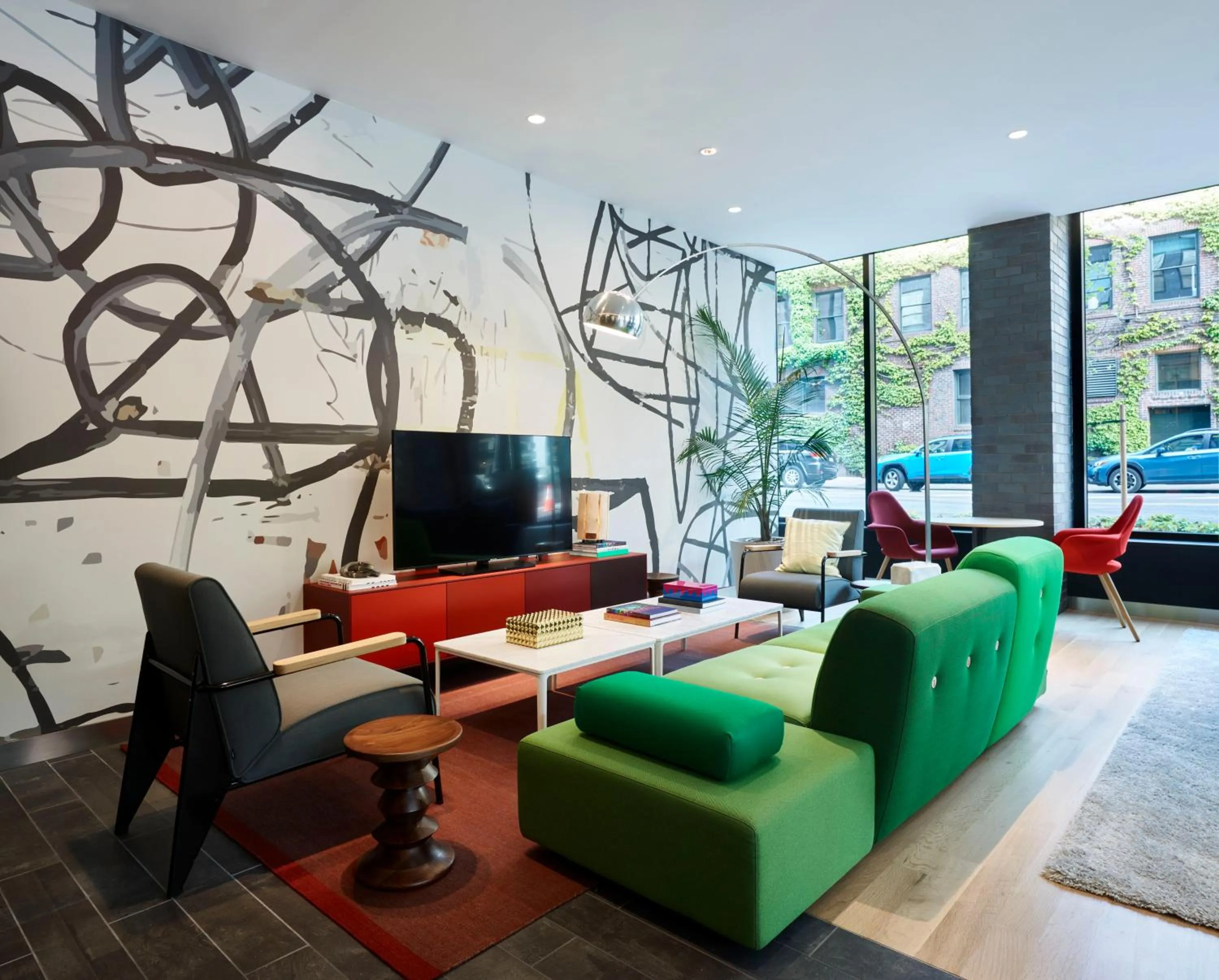 Seating area in citizenM Seattle Pioneer Square