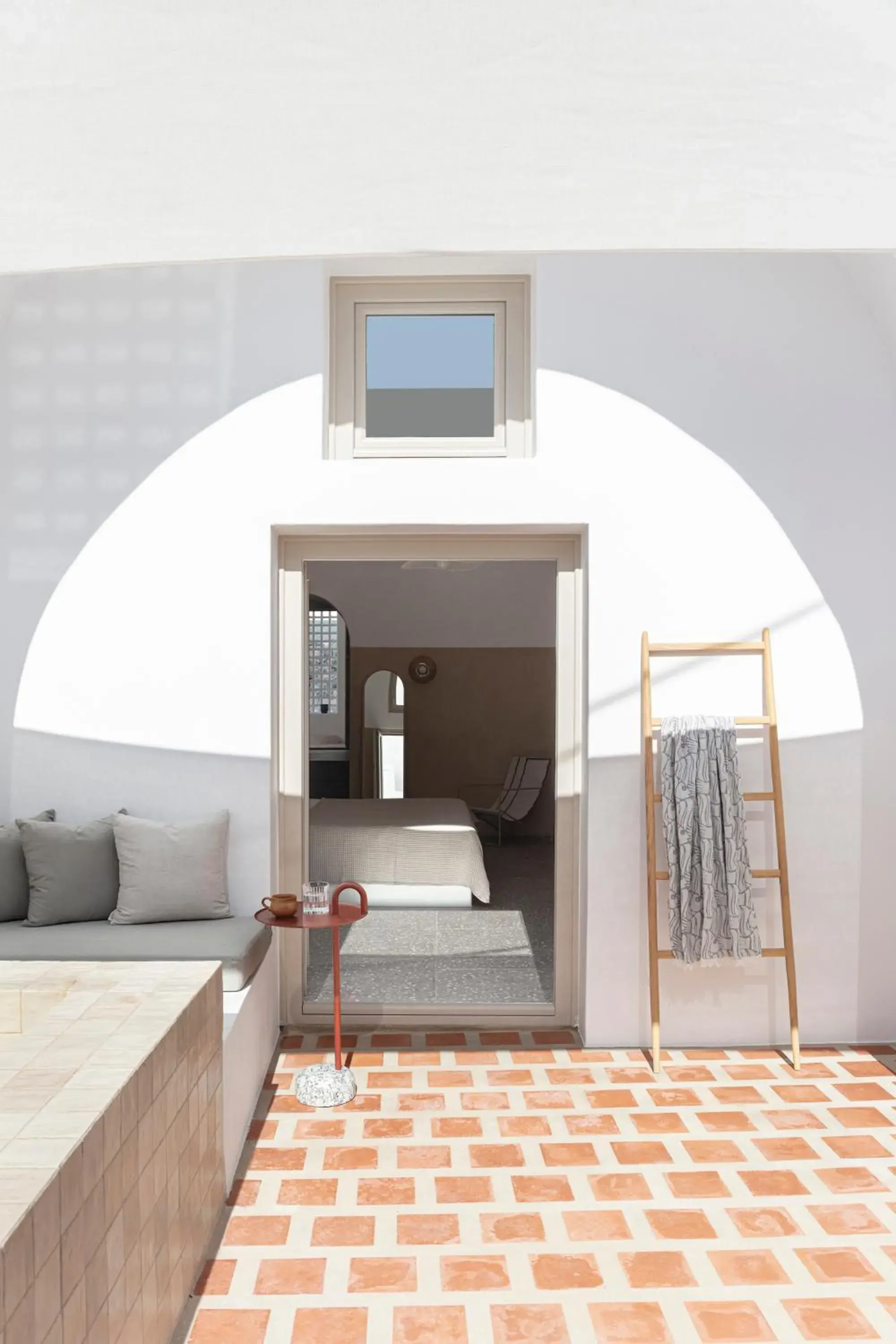 Balcony/Terrace, Bed in Ethos Vegan Suites Fira, Santorini Balcony/Terrace, Bed in Ethos Vegan Suites Fira, Santorini