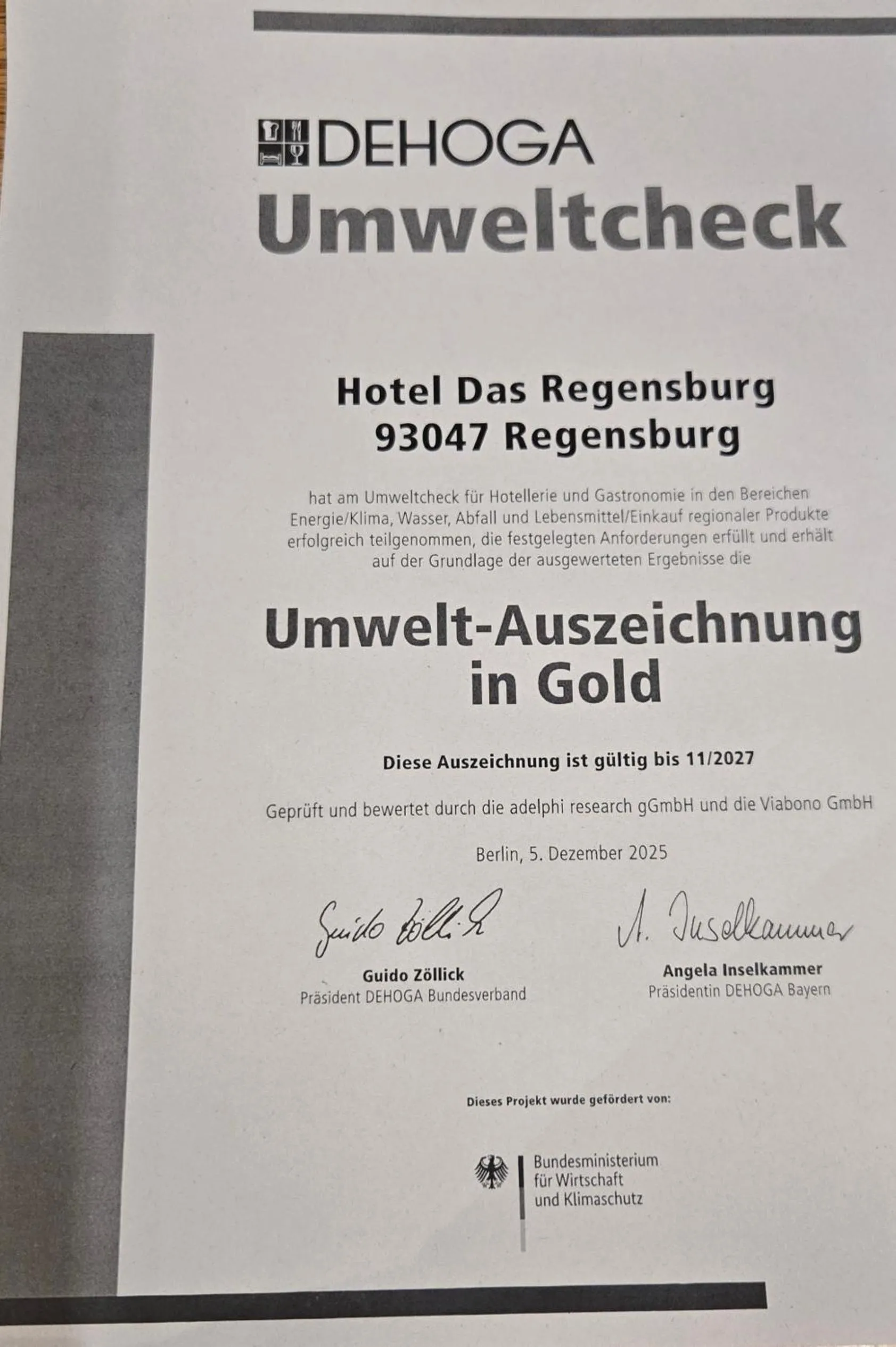 Certificate/Award in Hotel Das Regensburg