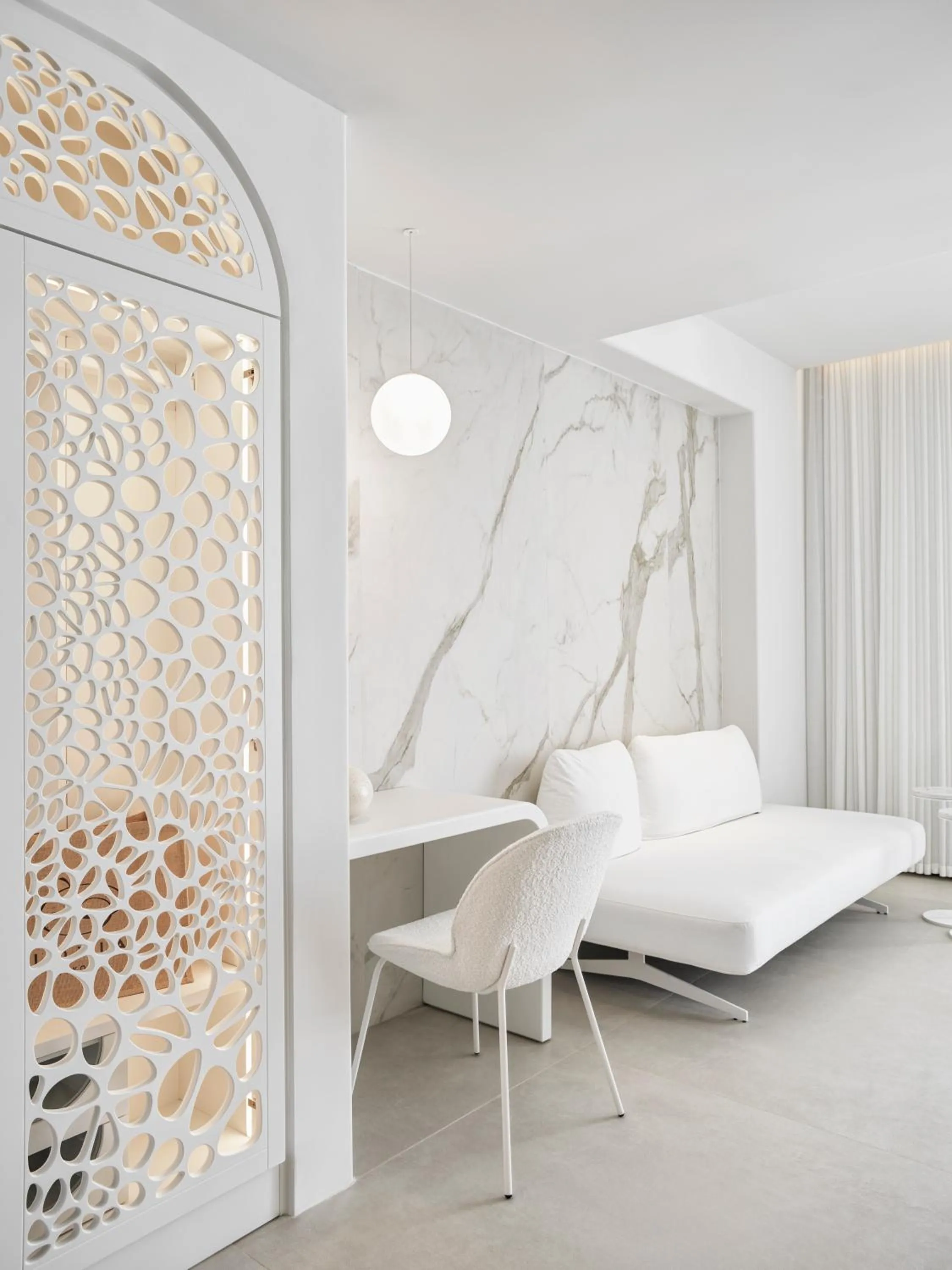 Seating area, Bed in Lovia Mykonos