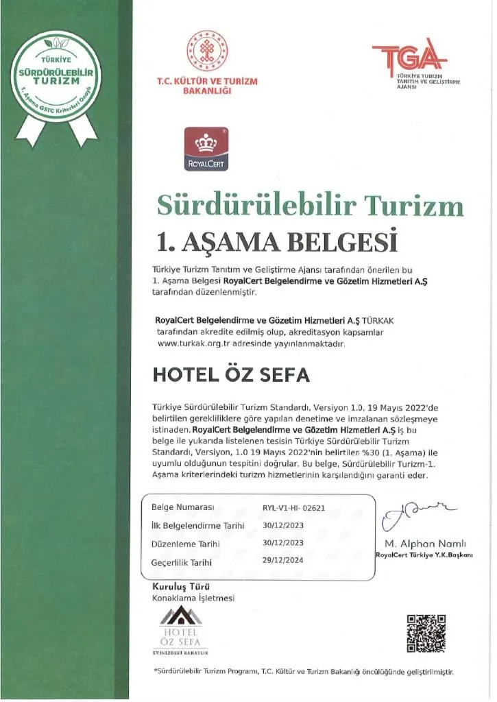 Certificate/Award in HOTEL ÖZSEFA