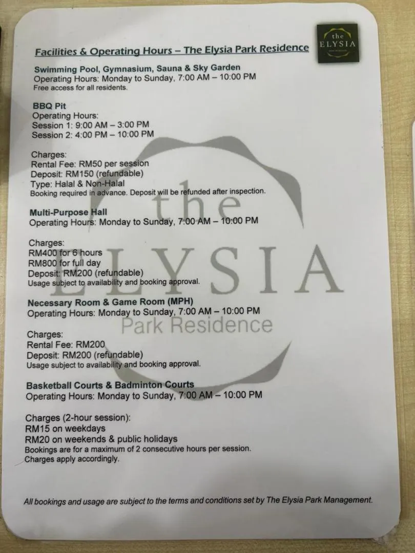 Area and facilities in The Elysia Suites