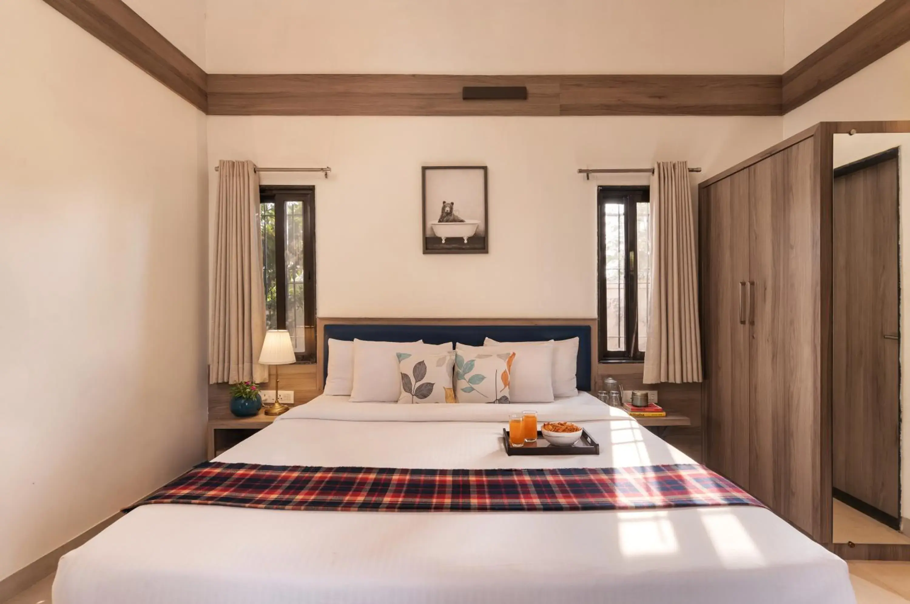 Bed in SaffronStays Eden - 3BR vineyard-side pool villa with jacuzzi, farm dining, stargazing deck & lawns for celebrations Bed in SaffronStays Eden - 3BR vineyard-side pool villa with jacuzzi, farm dining, stargazing deck & lawns for celebrations