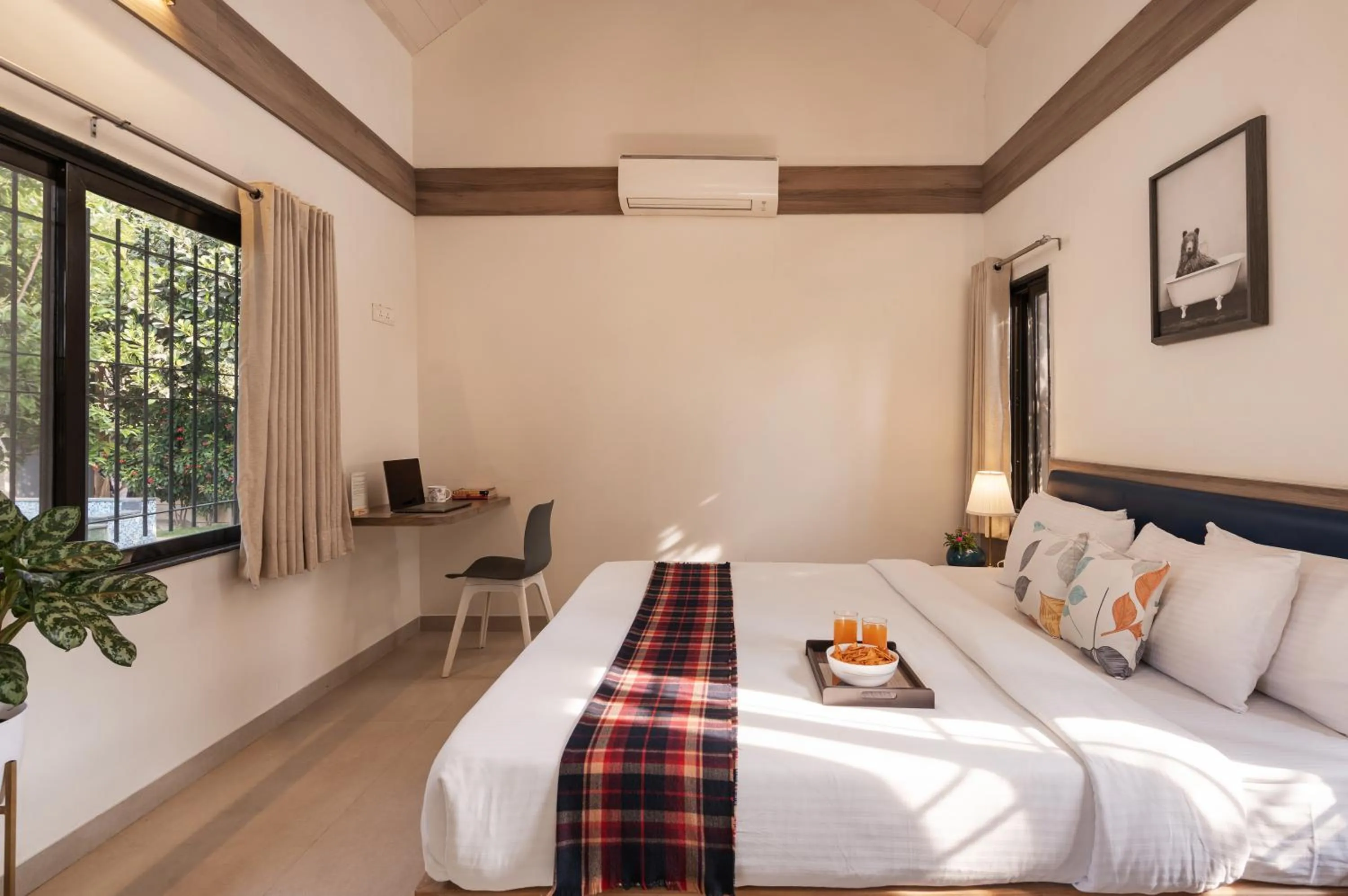 Bed in SaffronStays Eden - 3BR vineyard-side pool villa with jacuzzi, farm dining, stargazing deck & lawns for celebrations