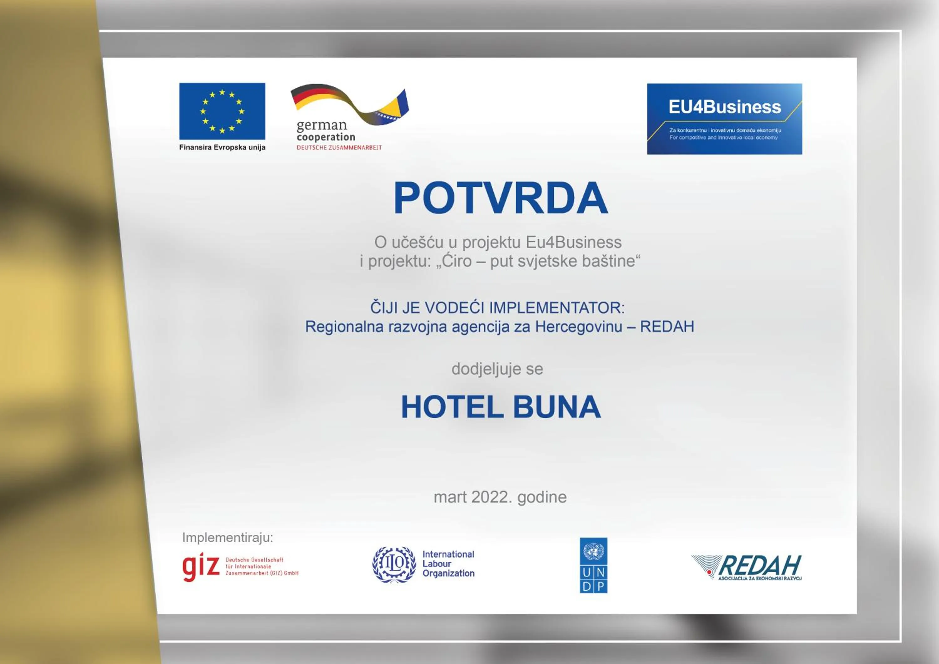 Certificate/Award in Hotel Buna Mostar