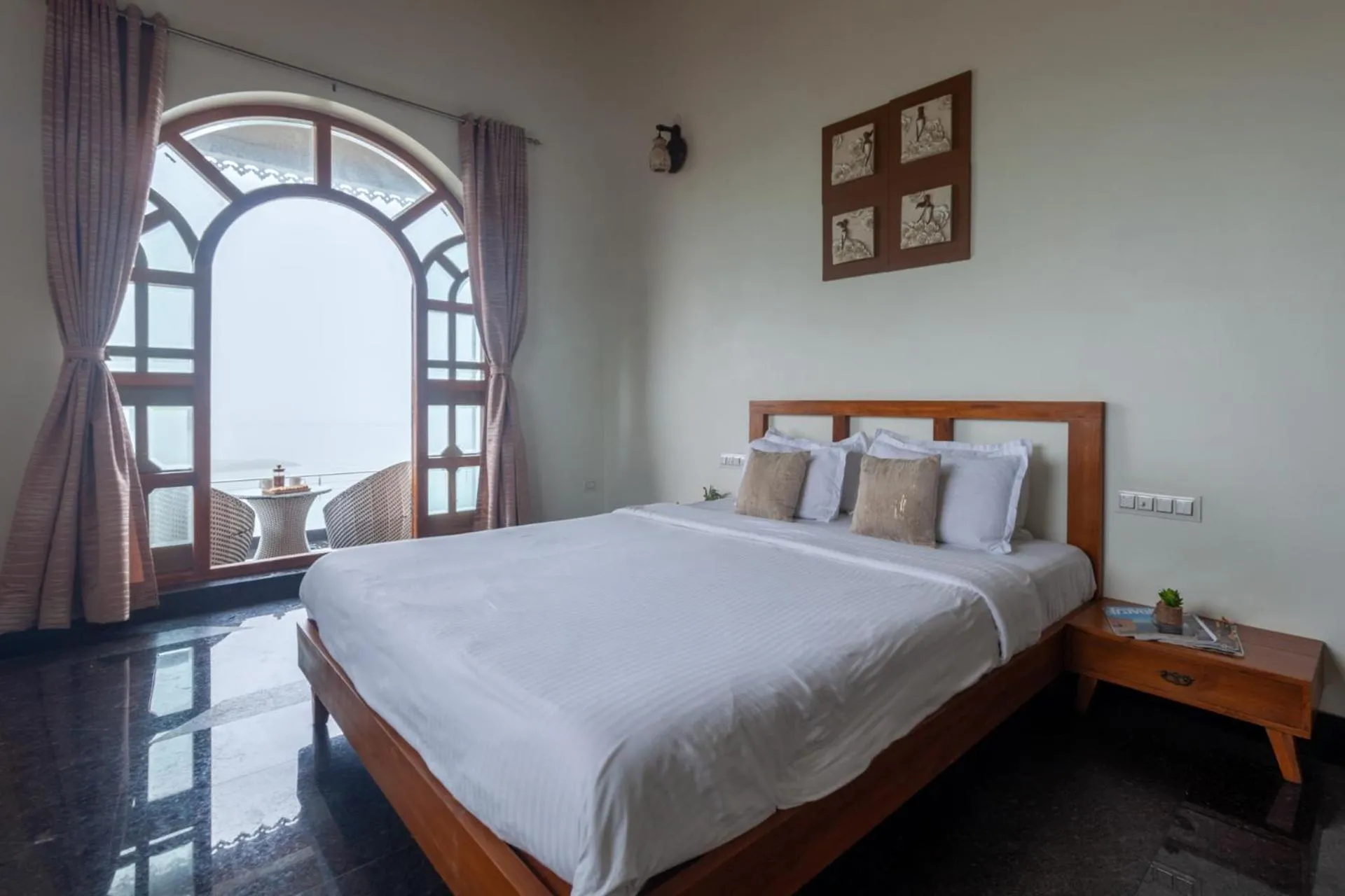 Bedroom, Bed in Lake Arches by StayVista - Lakeside villa with Infinity pool, Gazebo & Modern Greek interiors