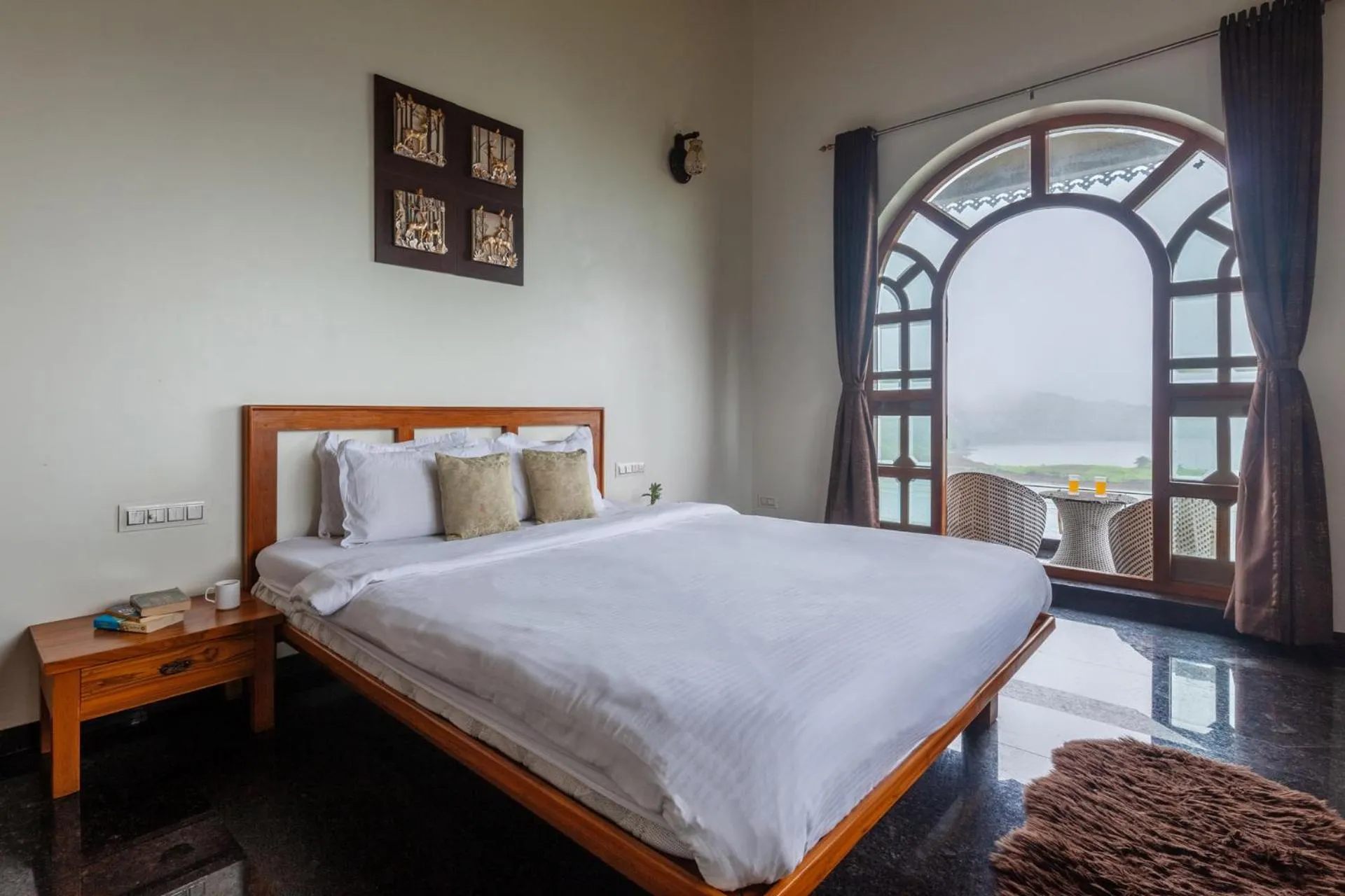 Bedroom, Bed in Lake Arches by StayVista - Lakeside villa with Infinity pool, Gazebo & Modern Greek interiors
