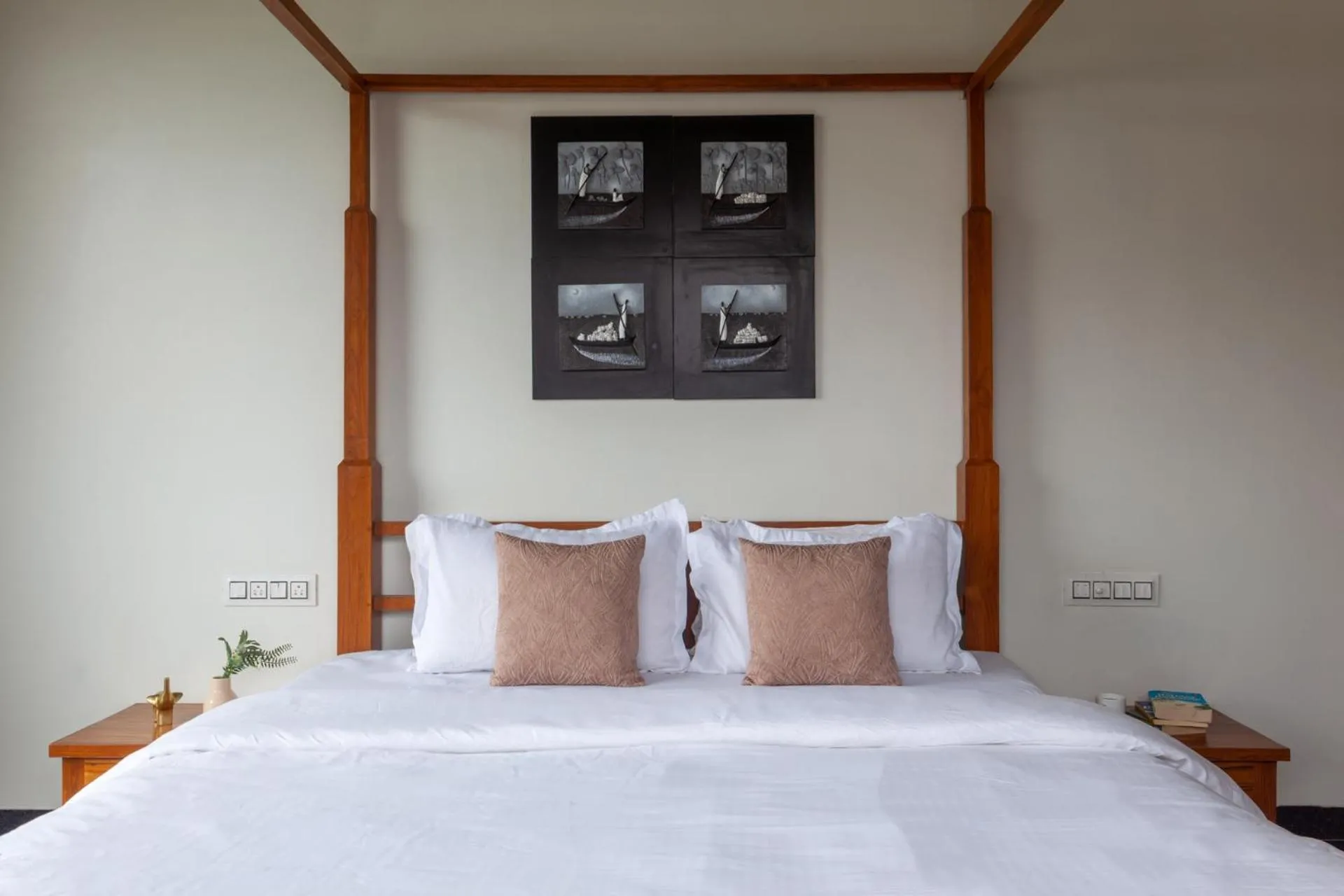 Bedroom, Bed in Lake Arches by StayVista - Lakeside villa with Infinity pool, Gazebo & Modern Greek interiors